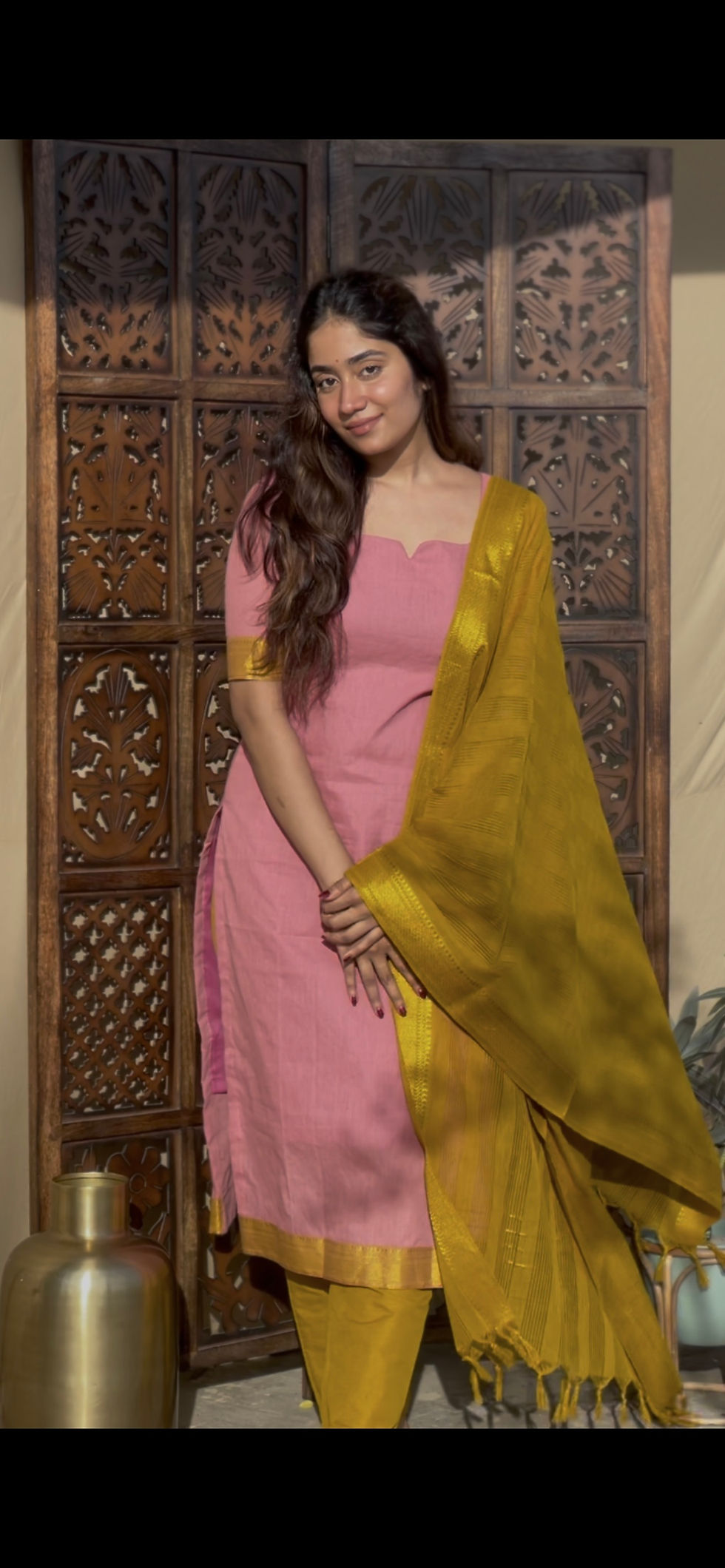 Thumbnail: Mangalagiri Salwar set - powder pink & mustard 