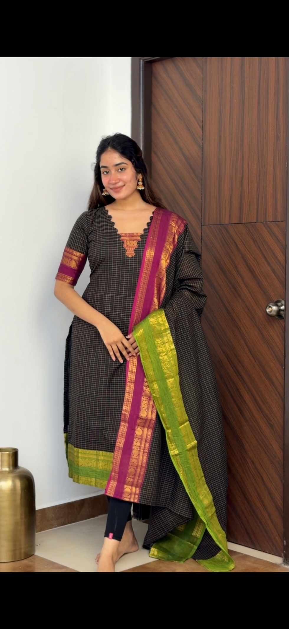 Thumbnail: Kanchi cotton kurti & dupatta - Black kattam ( Ganga jamuna)