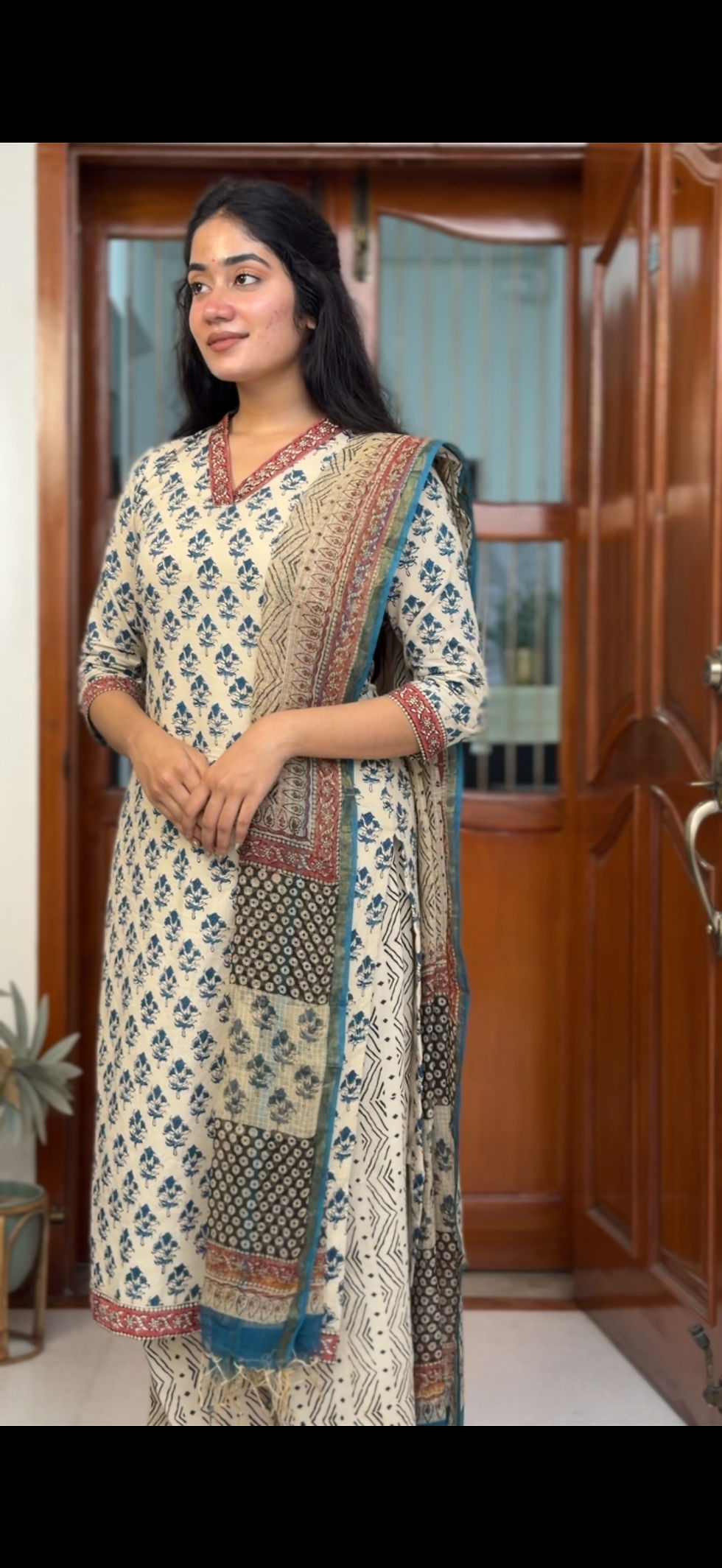 Thumbnail: Cotton salwar set - off-white beige & blue 