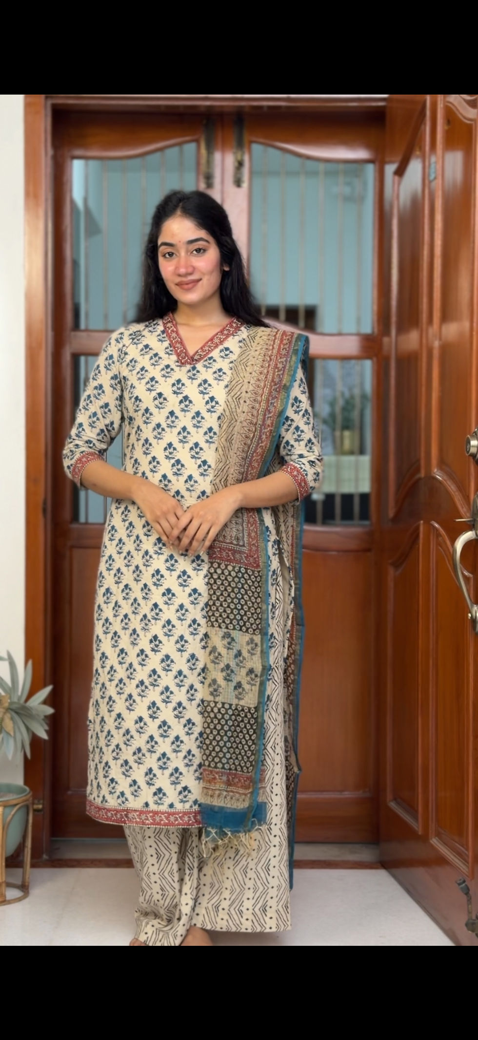 Thumbnail: Cotton salwar set - off-white beige & blue 
