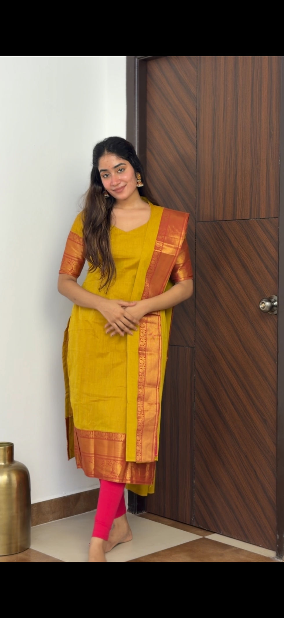 Thumbnail: Kanchi cotton kurti & dupatta - Yellow & pink 