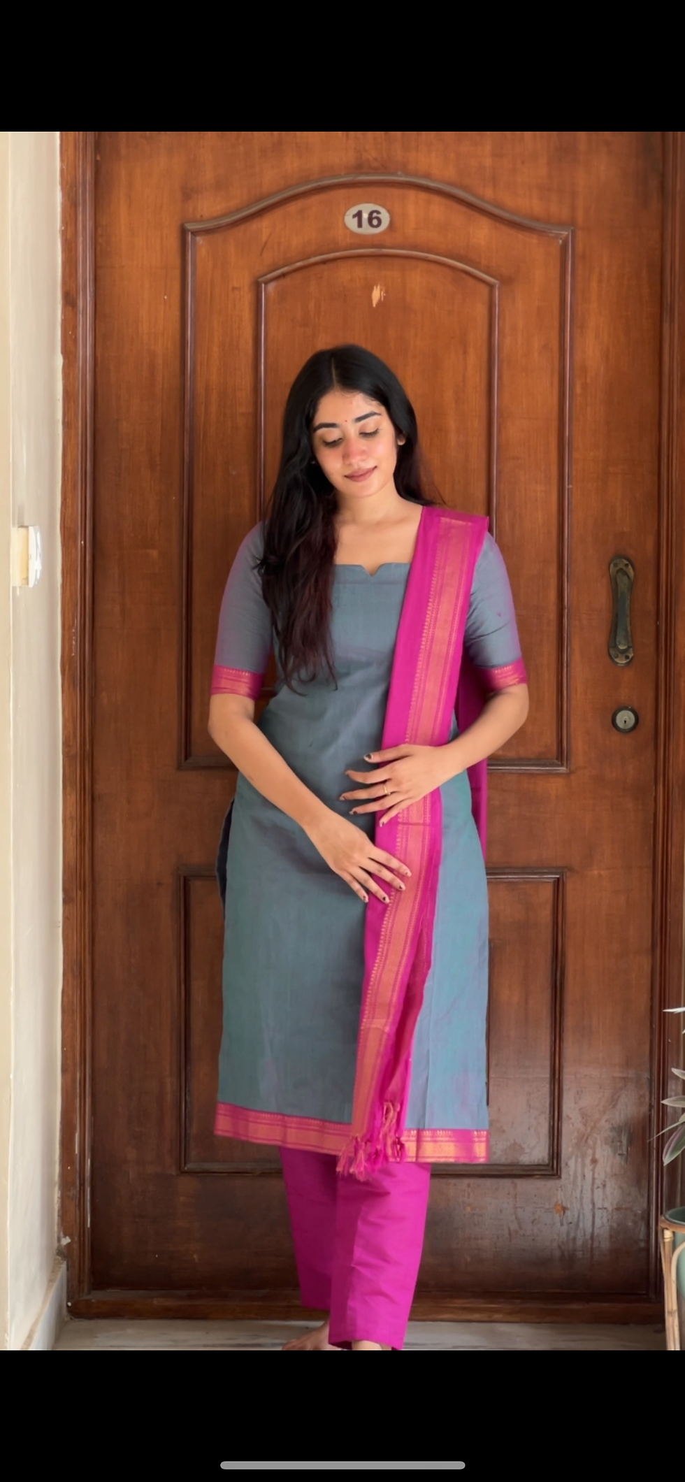 Thumbnail: Mangalagiri Salwar set - Teal & pink 