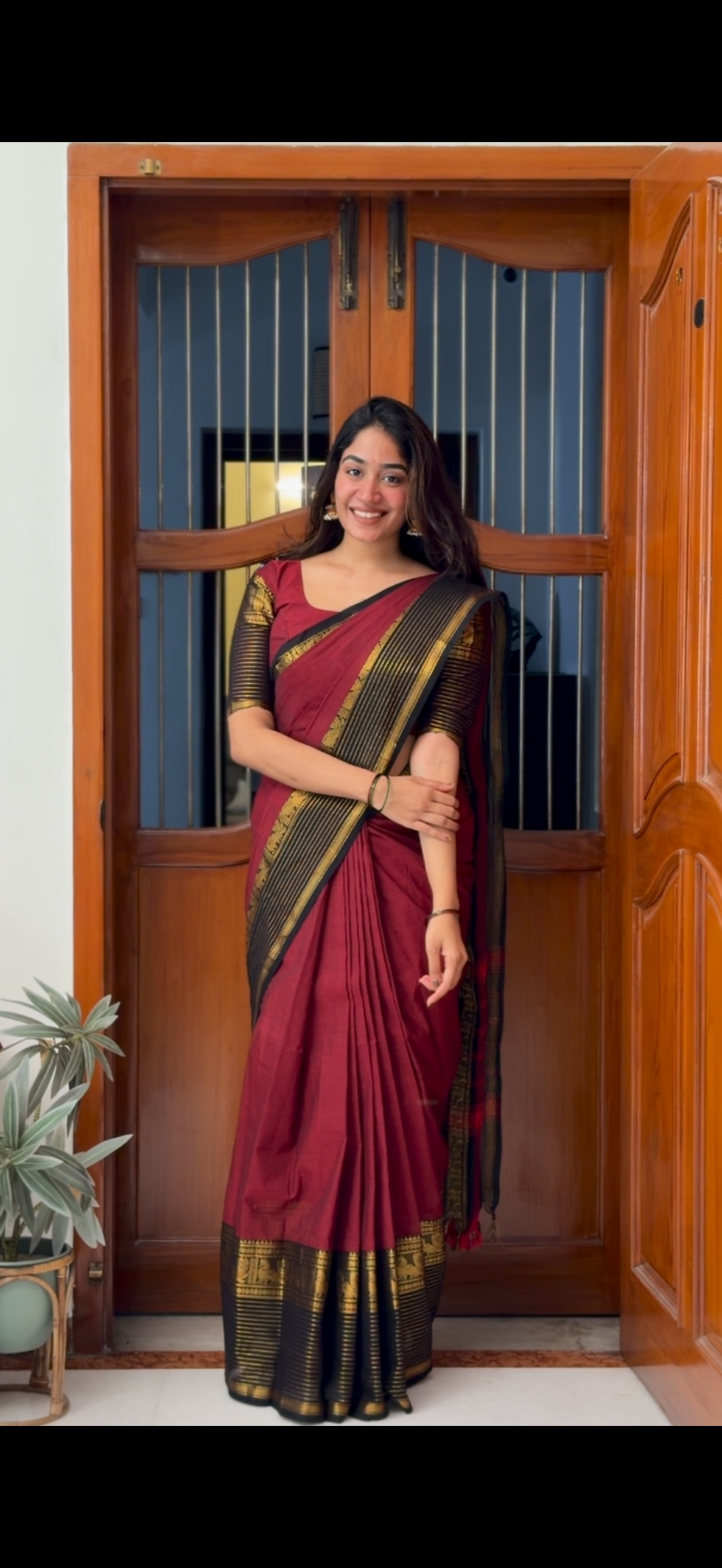 Thumbnail: Kanchi cotton saree - Maroon & black 