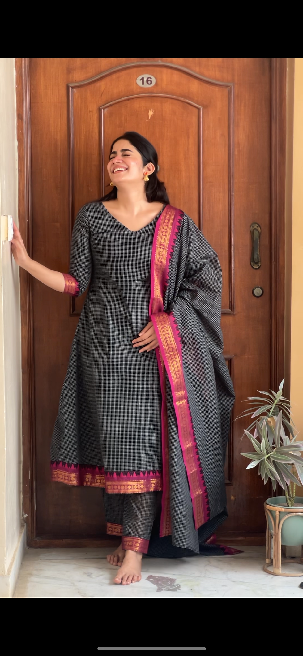 Thumbnail: Kanchi cotton A-line salwar set - Black kattam  