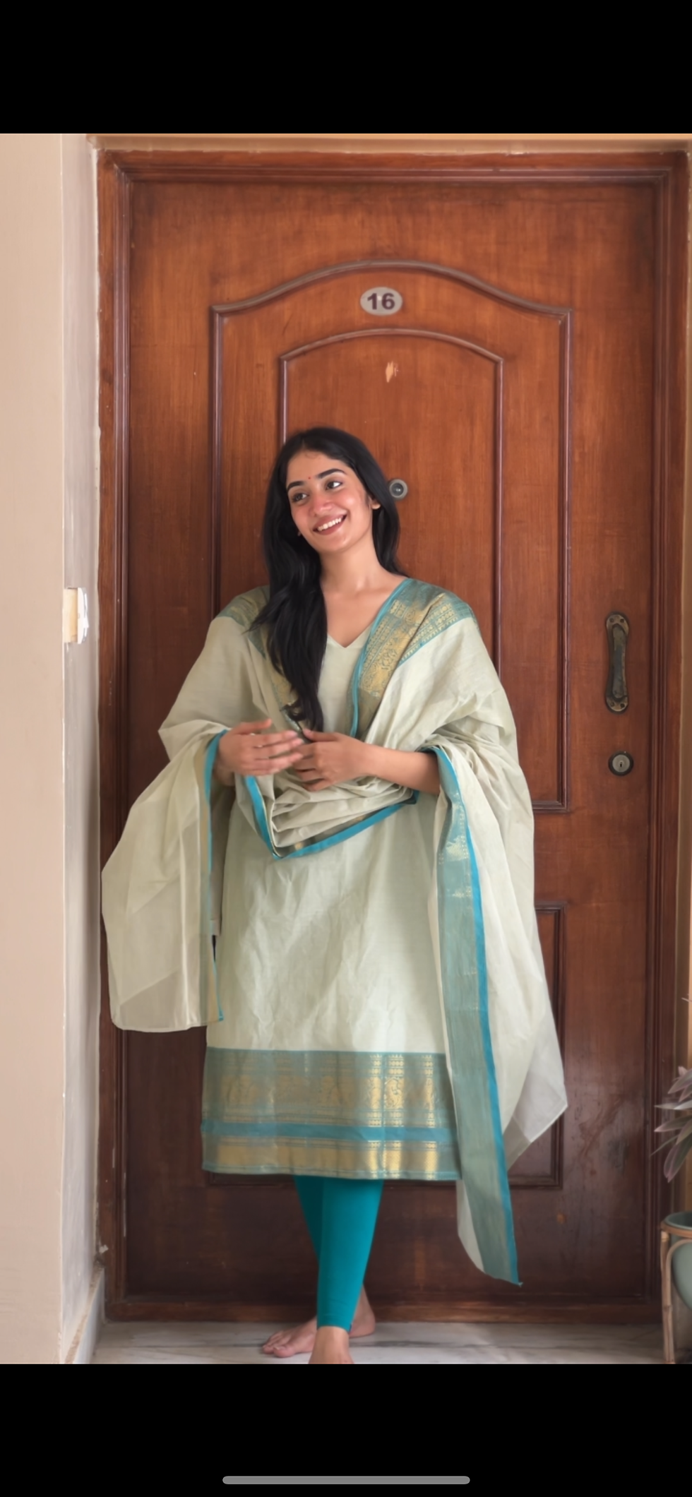 Thumbnail: Kanchi cotton kurti and dupatta - offwhite with turquoise 