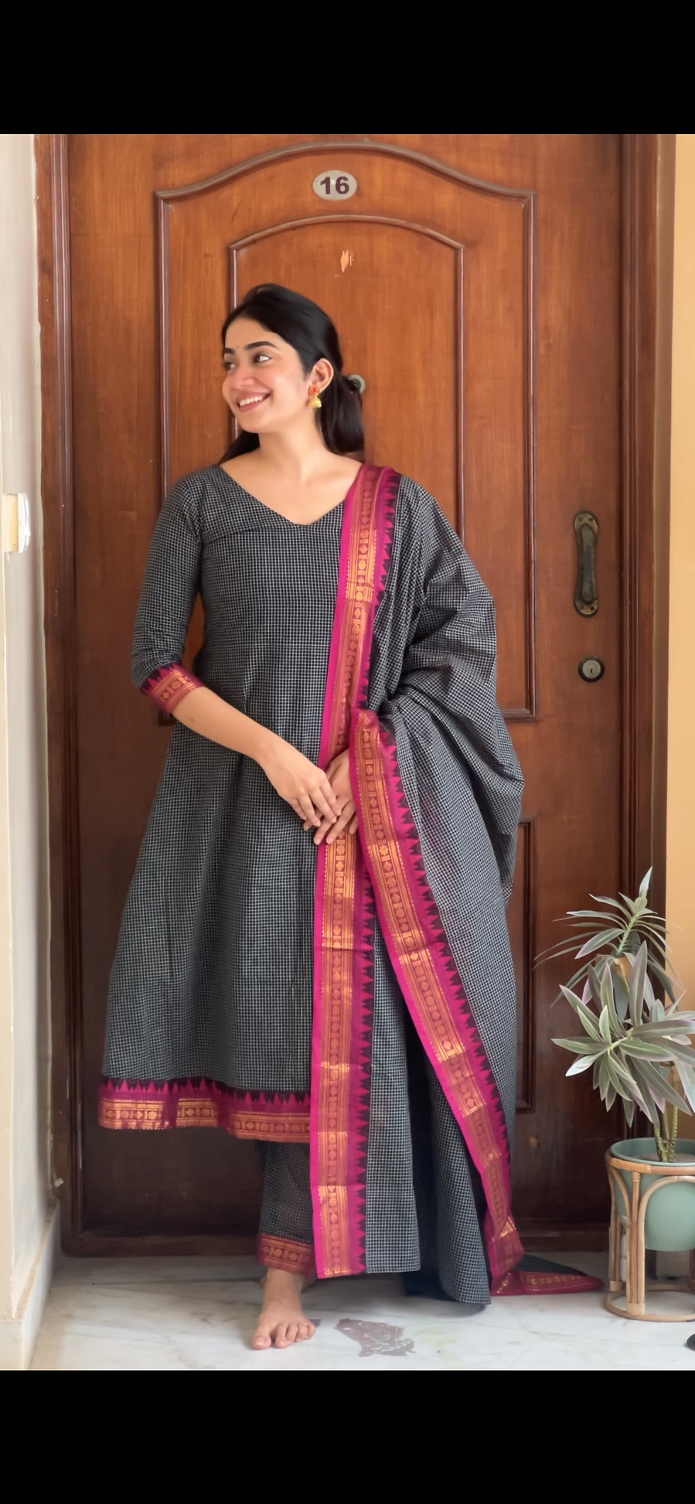Thumbnail: Kanchi cotton A-line salwar set - Black kattam  