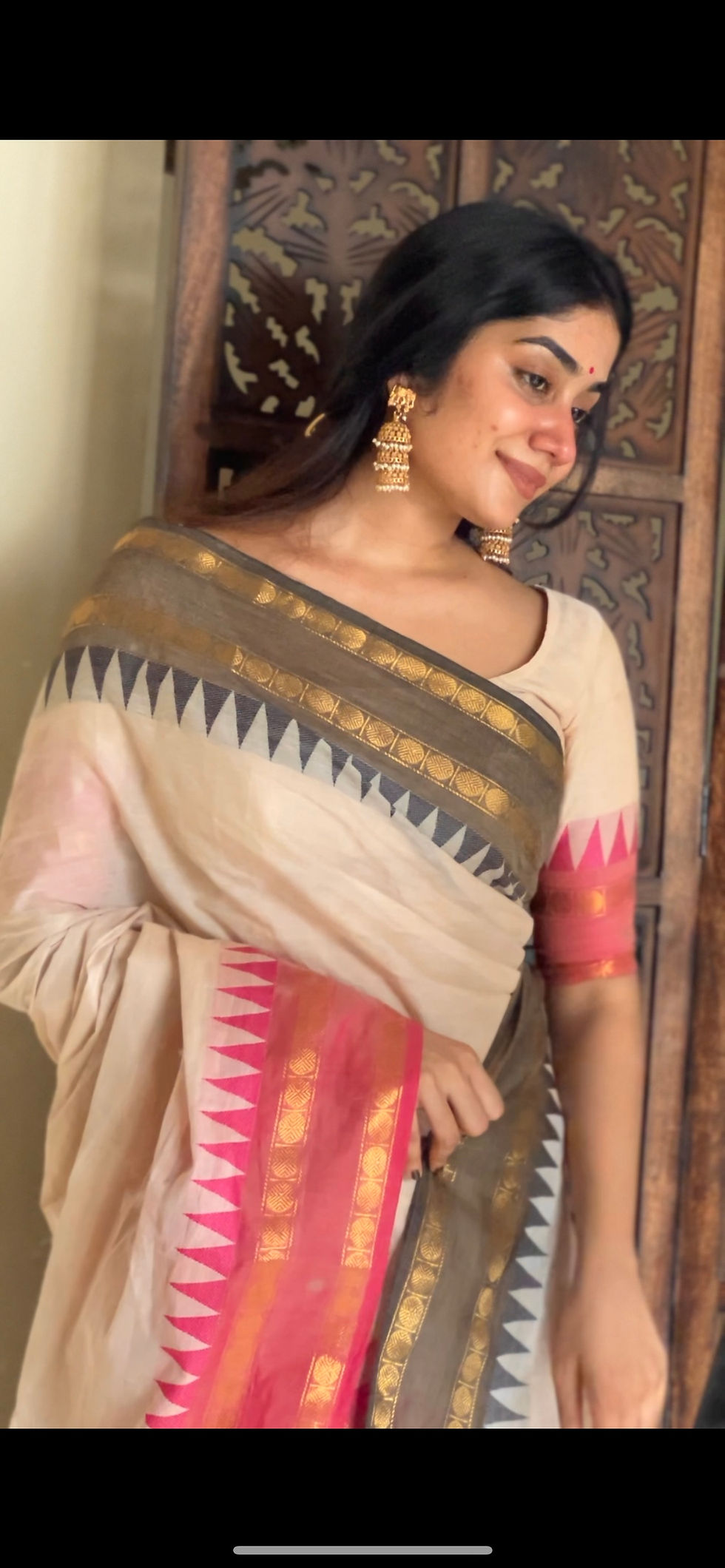 Thumbnail: Onam look -  Dual border offhwite, pink & black ( Kanchi cotton saree) 
