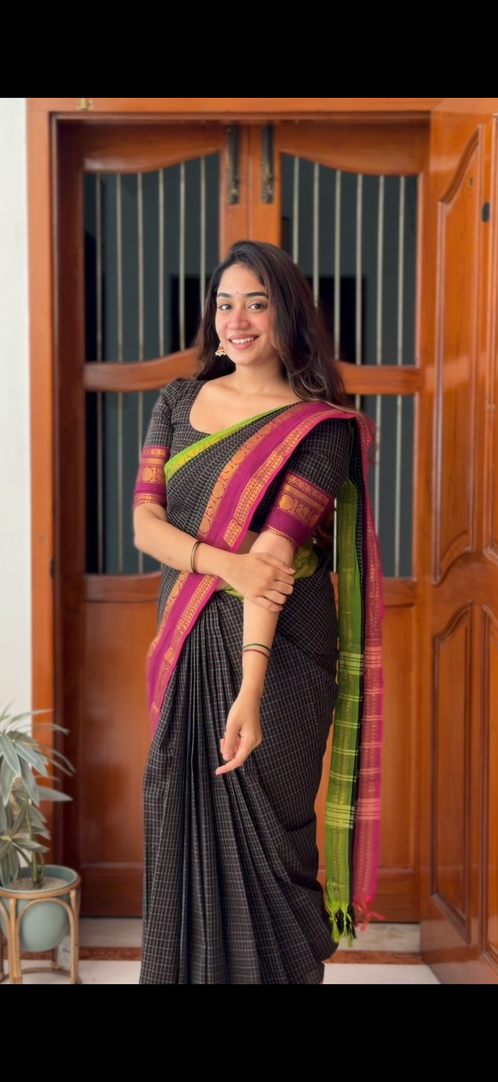 Thumbnail: Kanchi cotton saree - Ganga Jamuna (Black Kattam)
