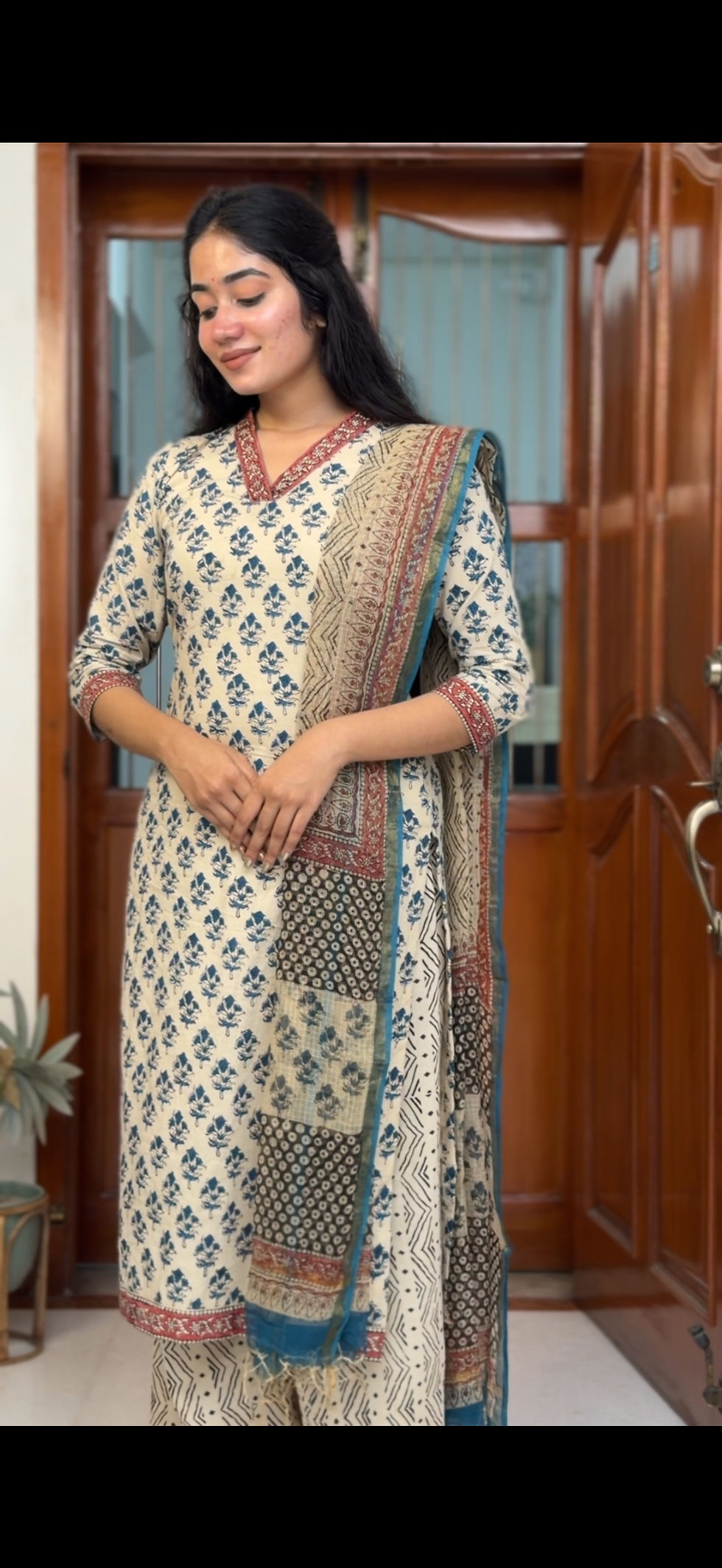 Thumbnail: Cotton salwar set - off-white beige & blue 