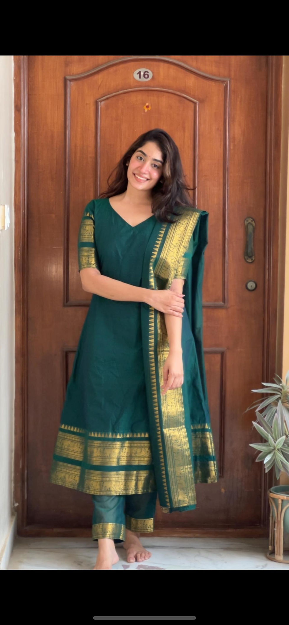 Thumbnail: Kanchi cotton A-line salwar set -  Dark green  