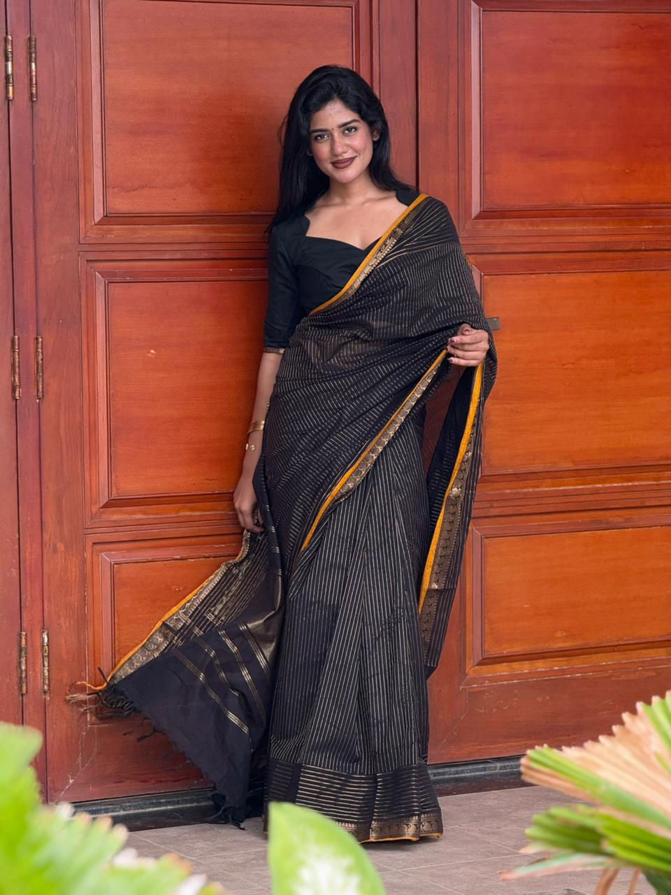 Thumbnail: Kanchi cotton saree - Black & gold ( mustard border )