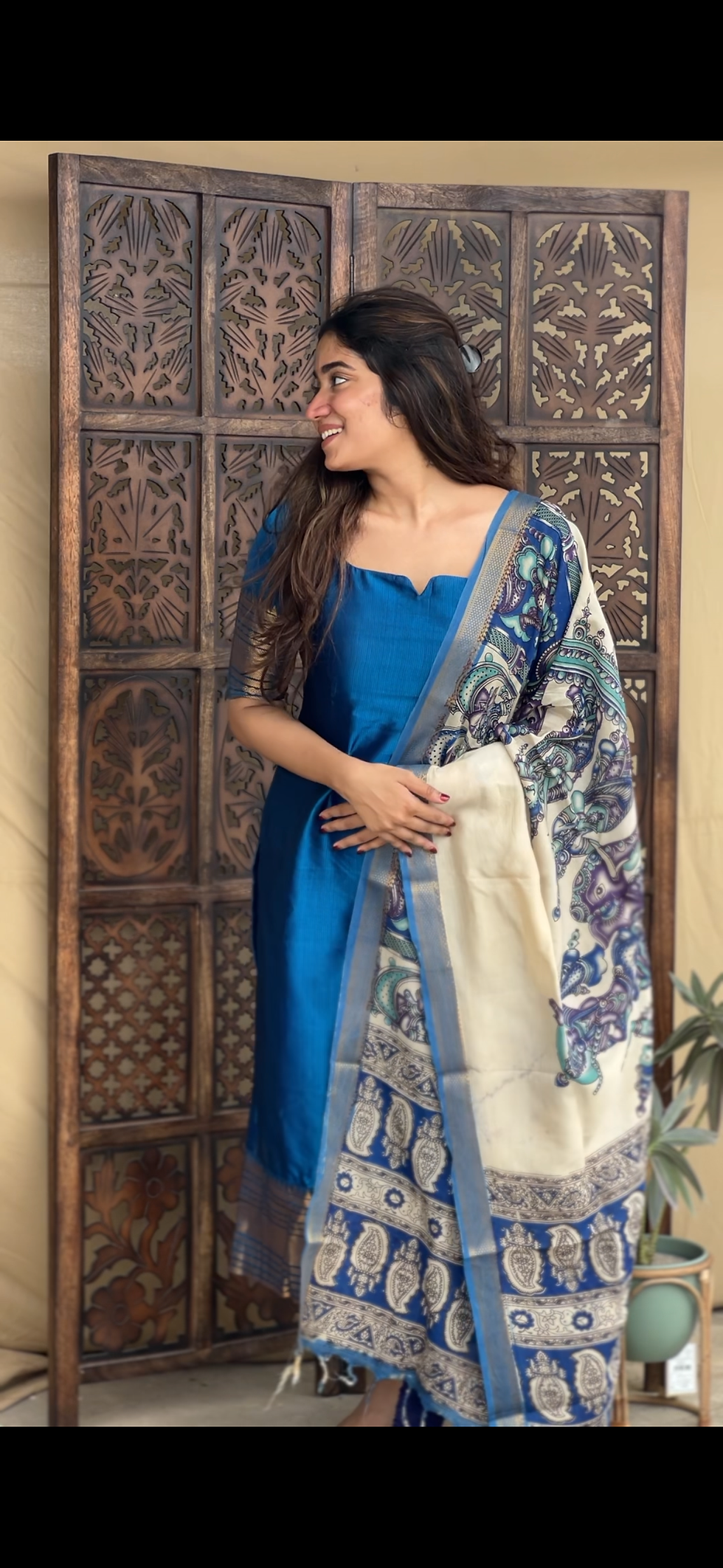 Thumbnail: Semi silk cotton kurti top & dupatta - blue 