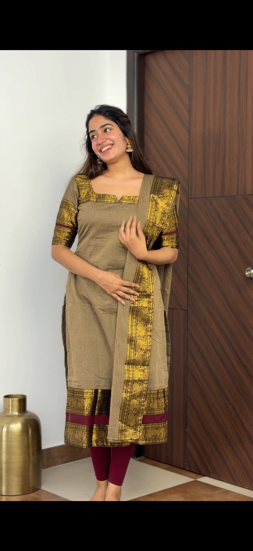 Thumbnail: Kanchi cotton kurti dupatta - Royal Grey and maroon 