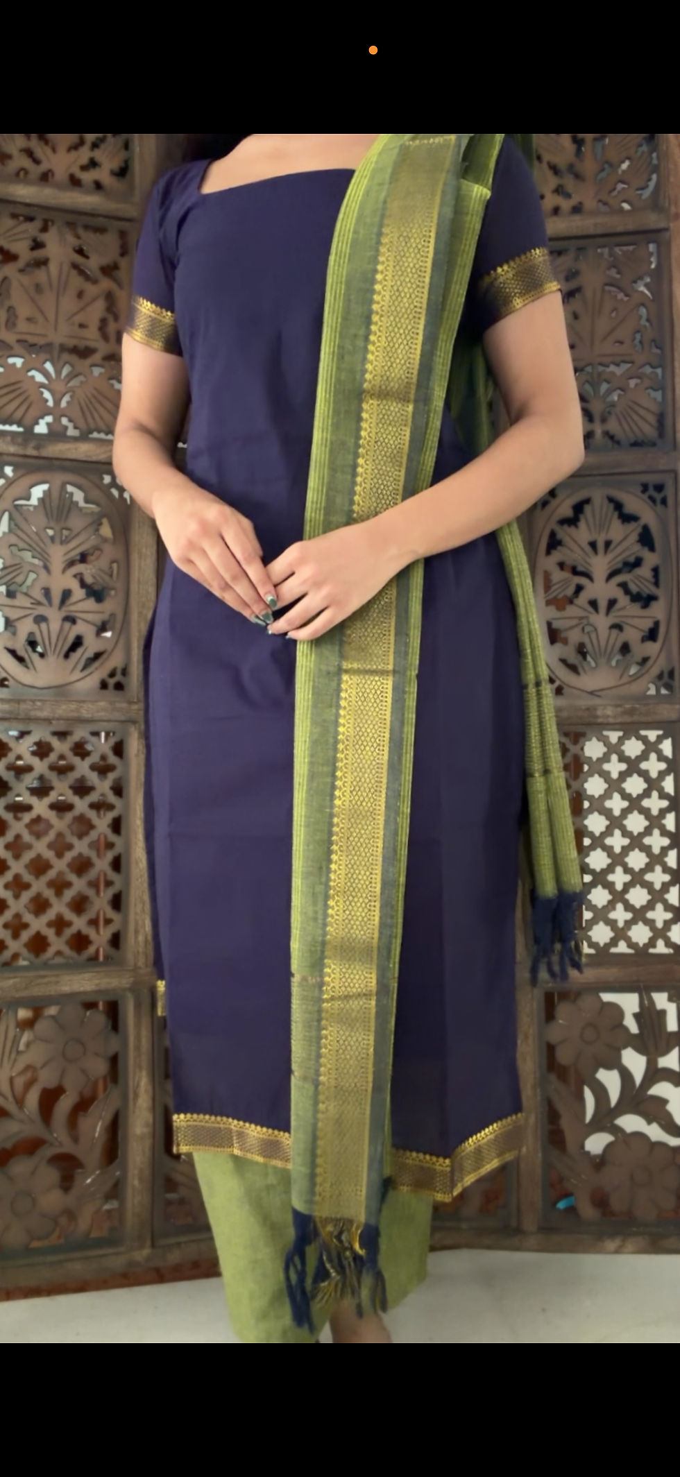 Thumbnail: Mangalagiri Salwar set - Ink blue & leaf green      