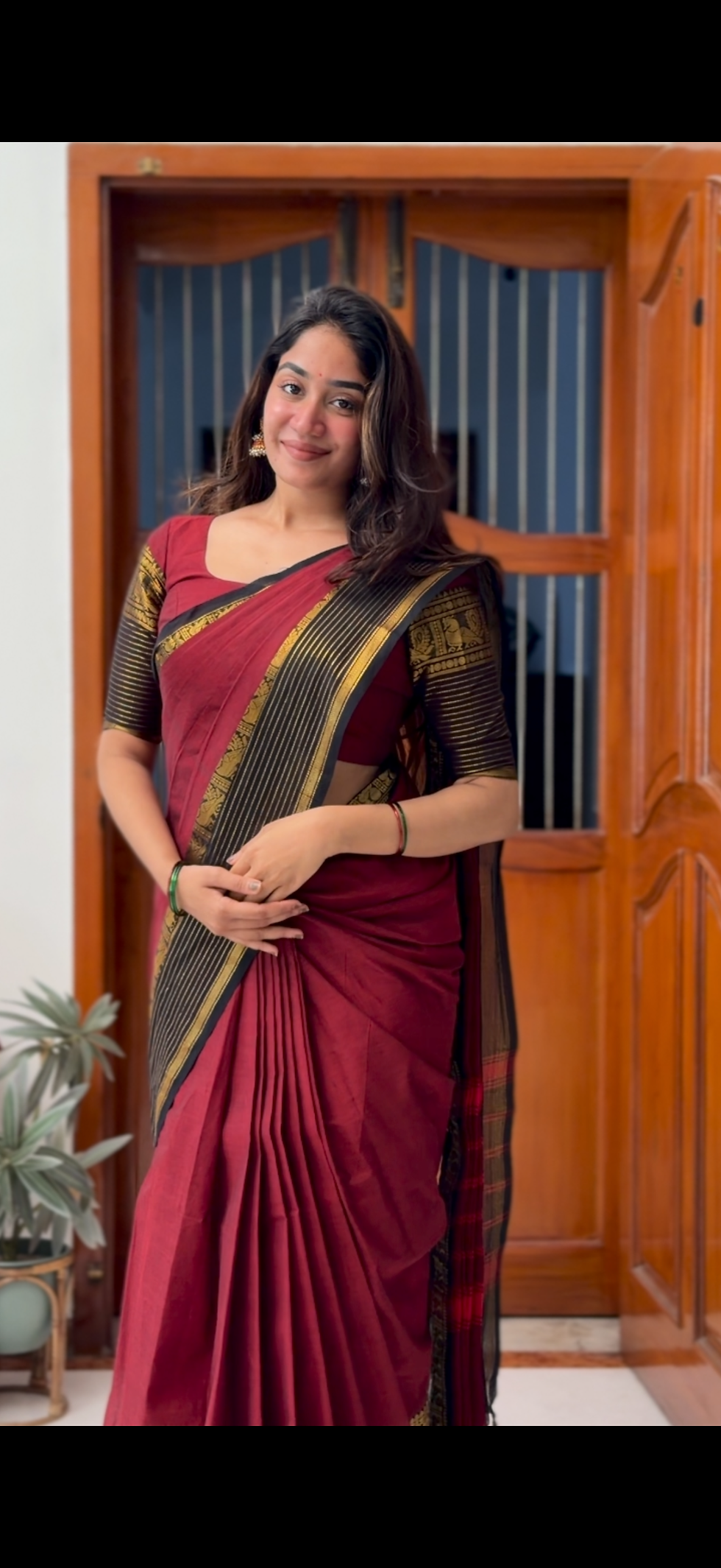 Thumbnail: Kanchi cotton saree - Maroon & black 