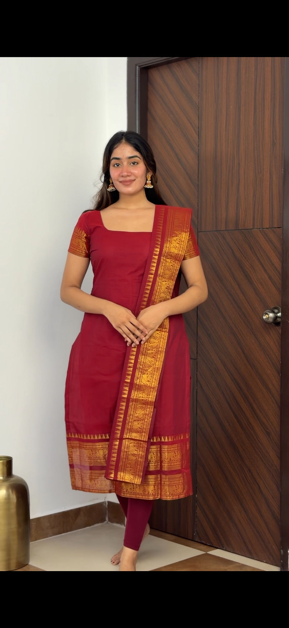 Thumbnail: Kanchi cotton kurti & dupatta - Blood red & maroon 
