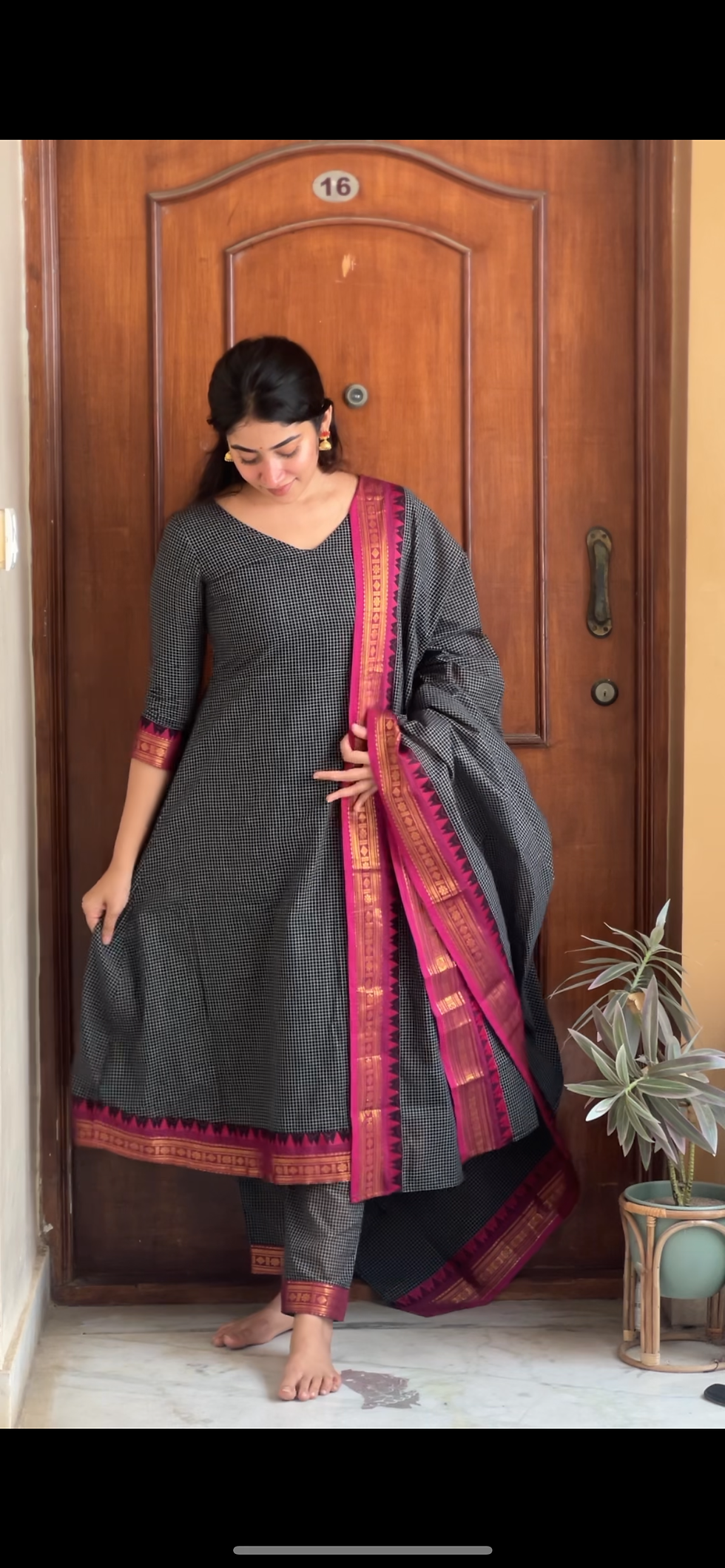 Thumbnail: Kanchi cotton A-line salwar set - Black kattam  