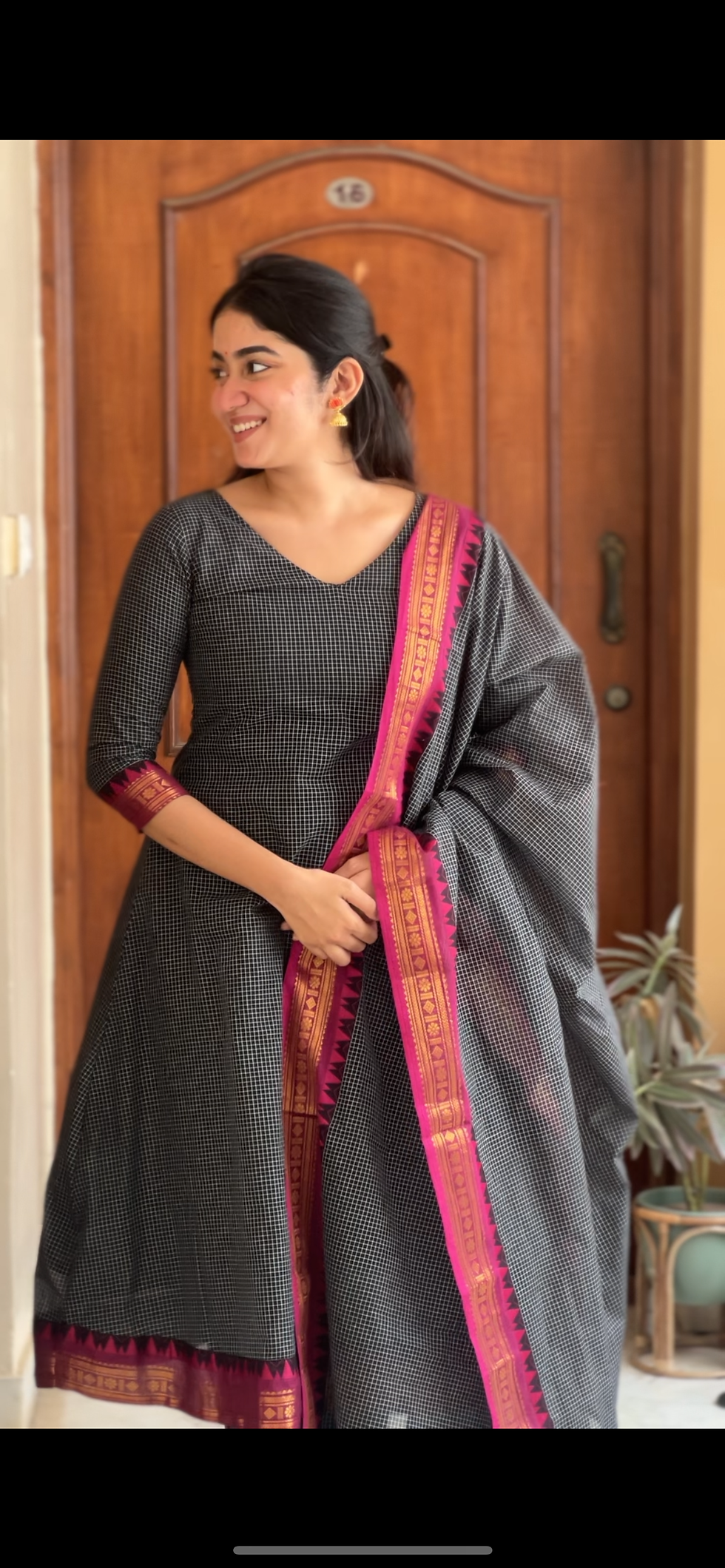 Thumbnail: Kanchi cotton A-line salwar set - Black kattam  