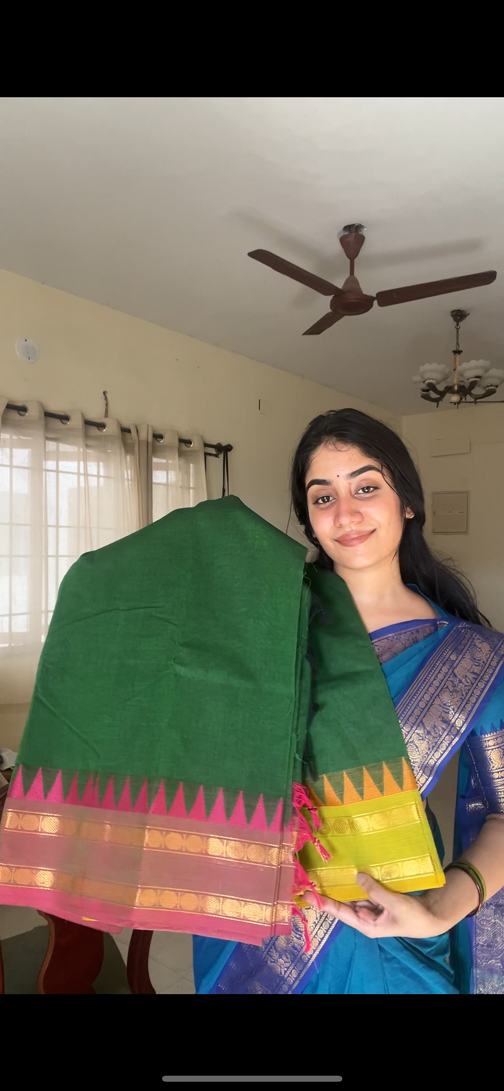 Thumbnail: Kanchi cotton saree - Green double border 