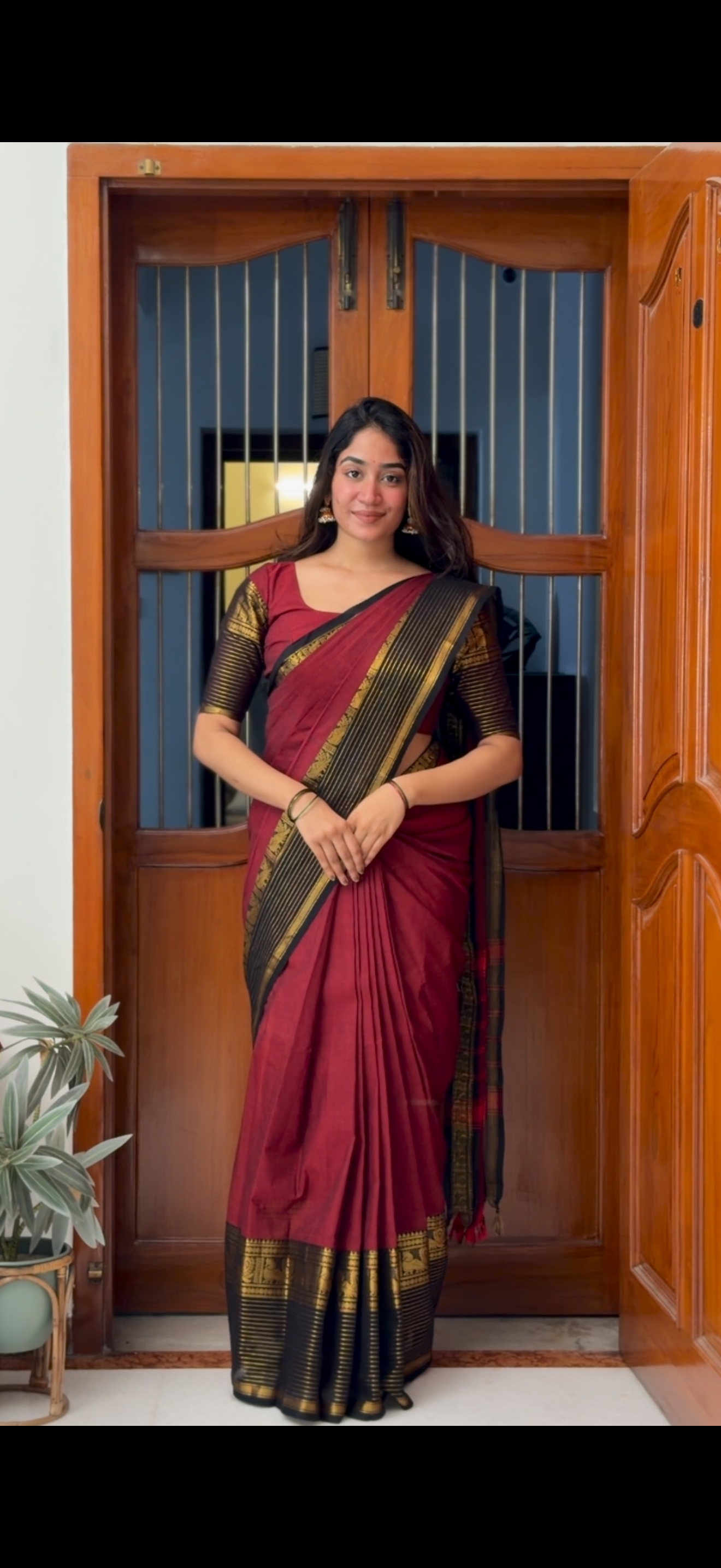 Kanchi cotton saree - Maroon & black 