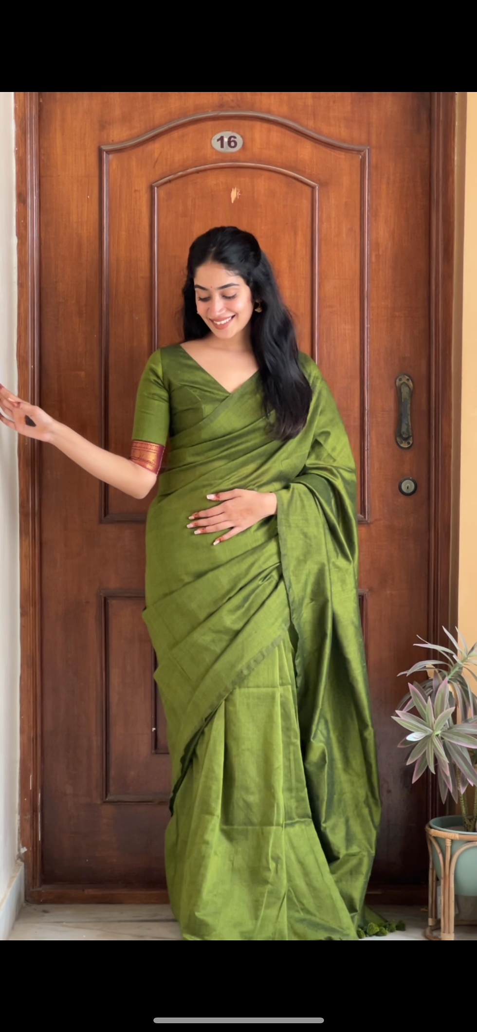Thumbnail: Handloom cotton saree - Leaf green ( zari border)