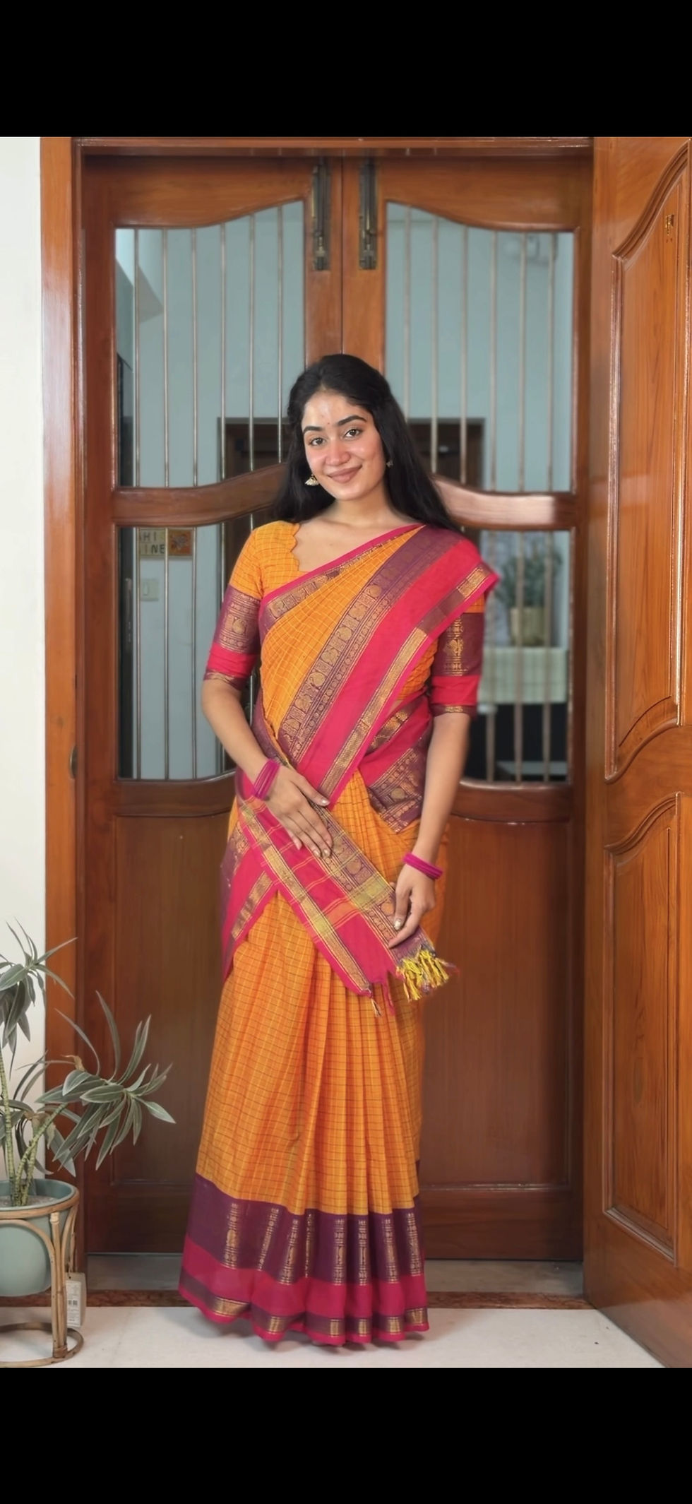 Thumbnail: Kanchi cotton saree - Yellow orange dual Kattam 