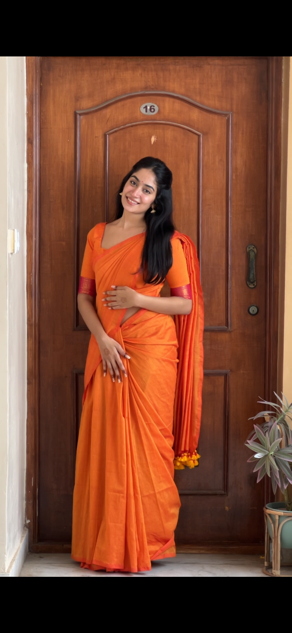 Thumbnail: Handloom cotton saree - coral ( zari border )
