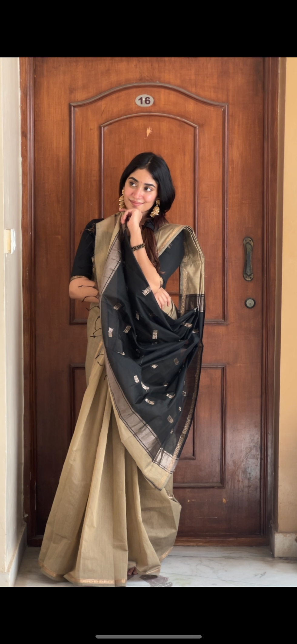 Thumbnail: Maheshwari cotton saree  - Warm ivory & Black 