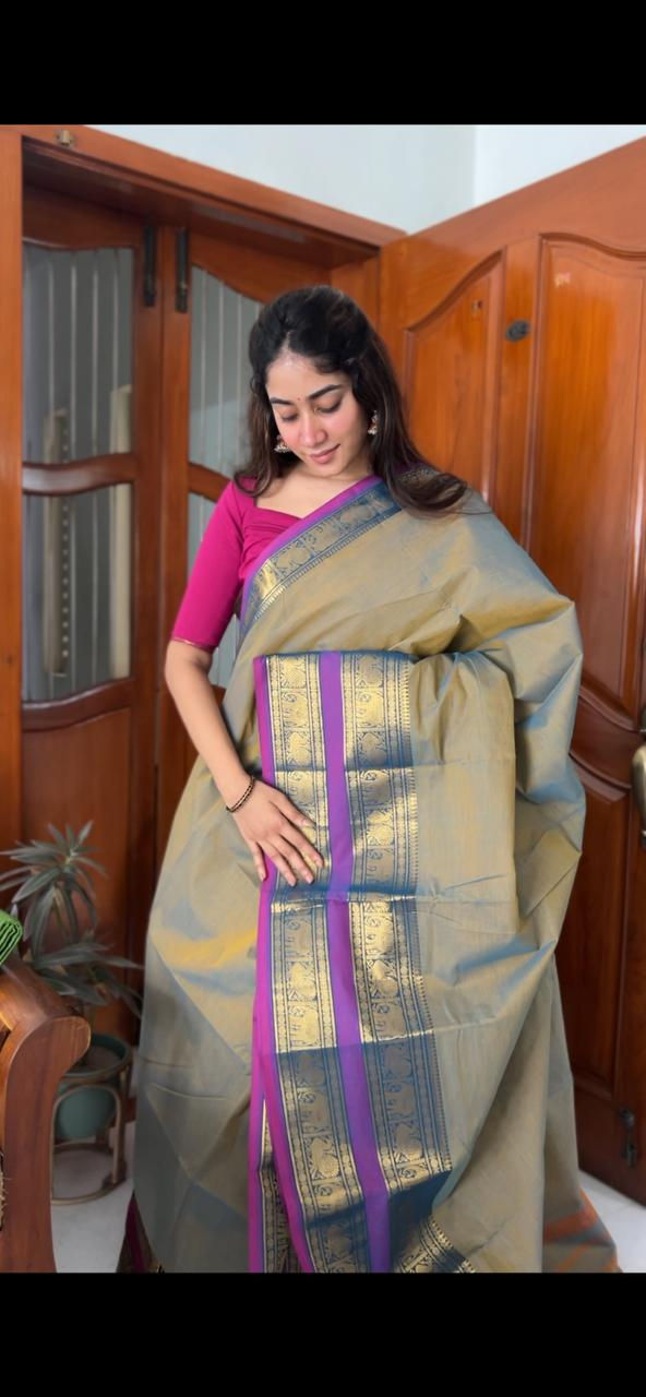 Thumbnail: Kanchi cotton saree - Grey & ice blue dual shade 