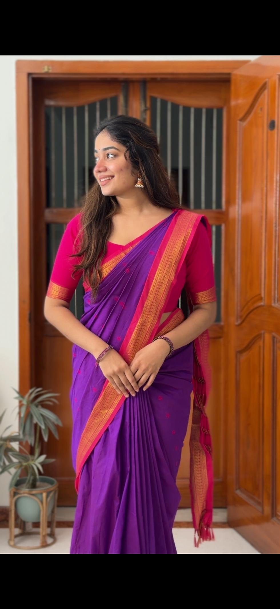 Thumbnail: Kalyani cotton saree - Purple & Hot pink 