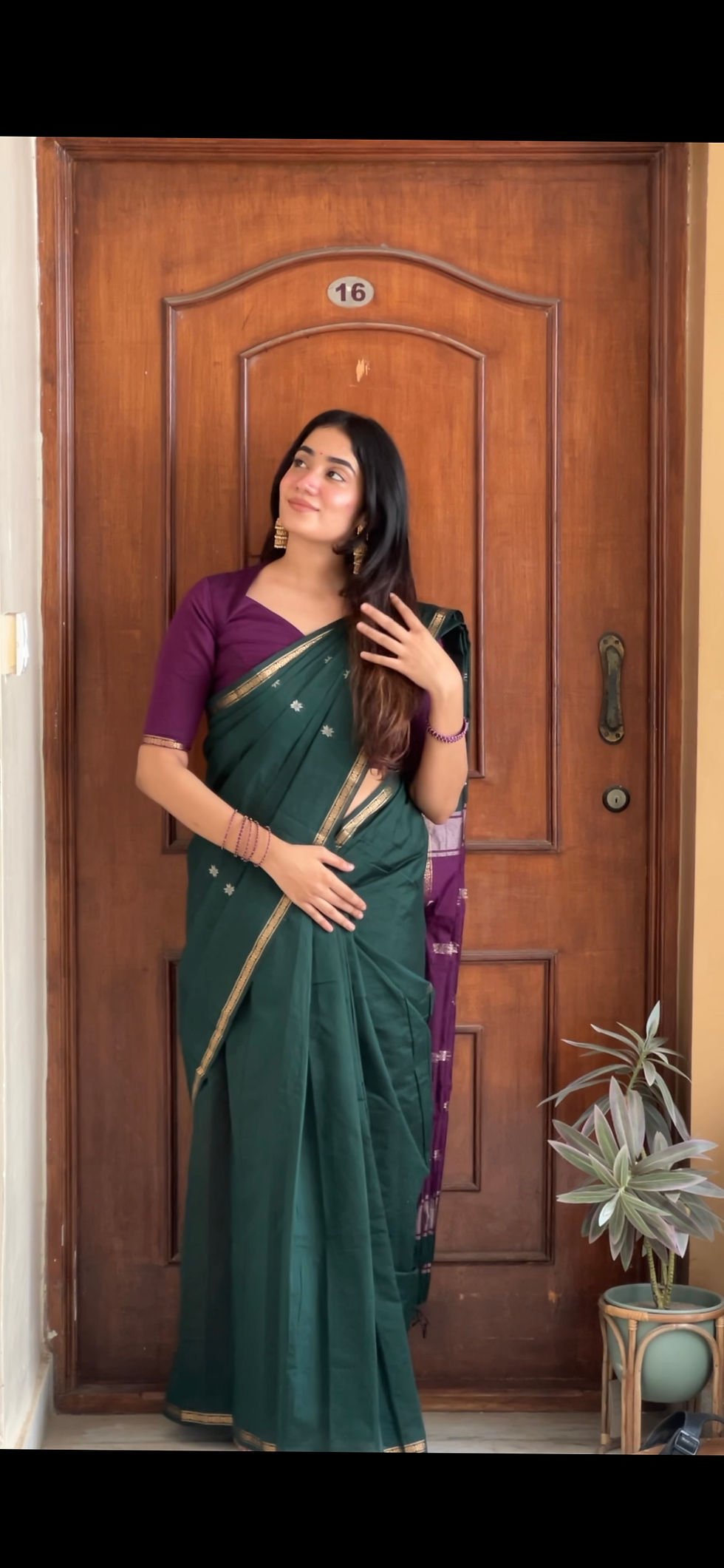 Thumbnail: Maheshwari cotton saree - Bottle green & purple 