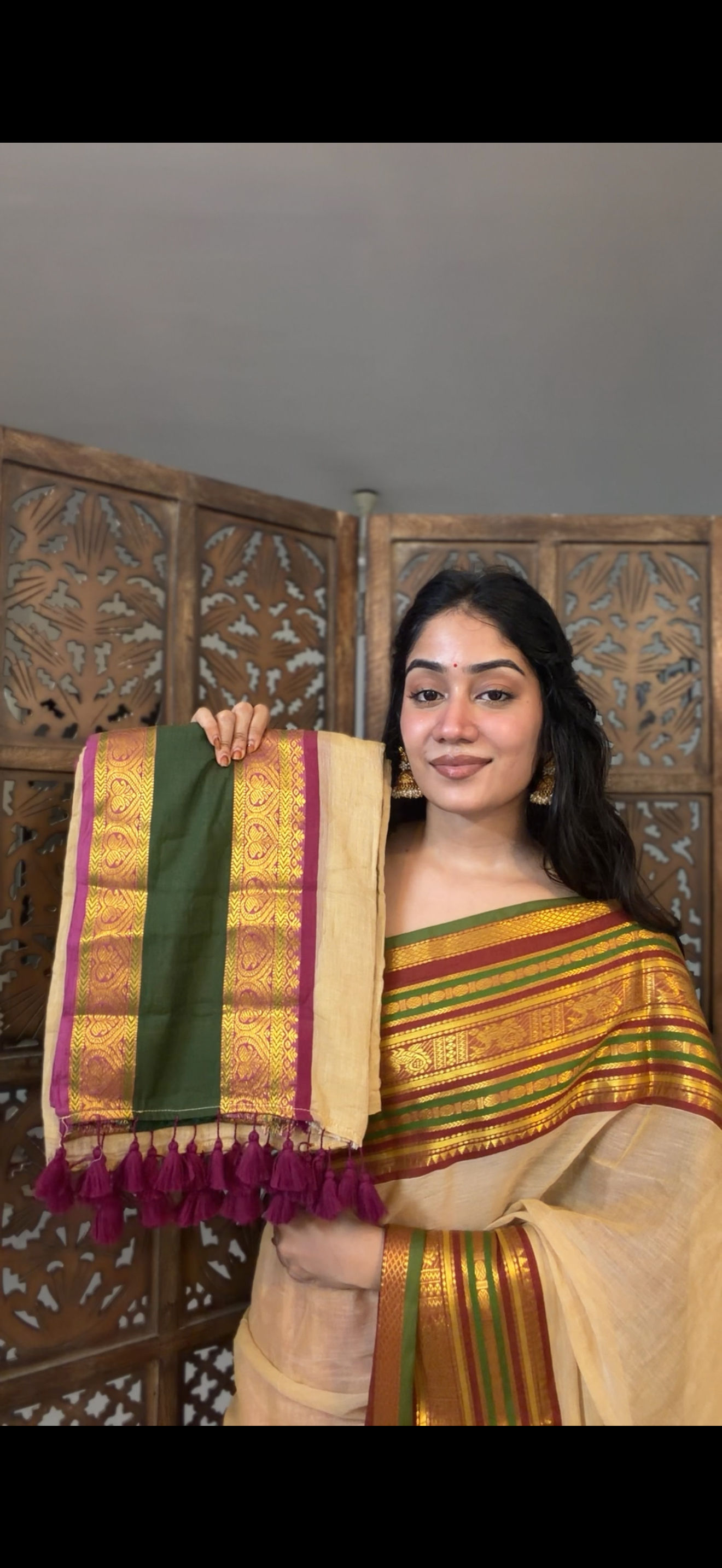 Mul cotton saree -Sandal & green