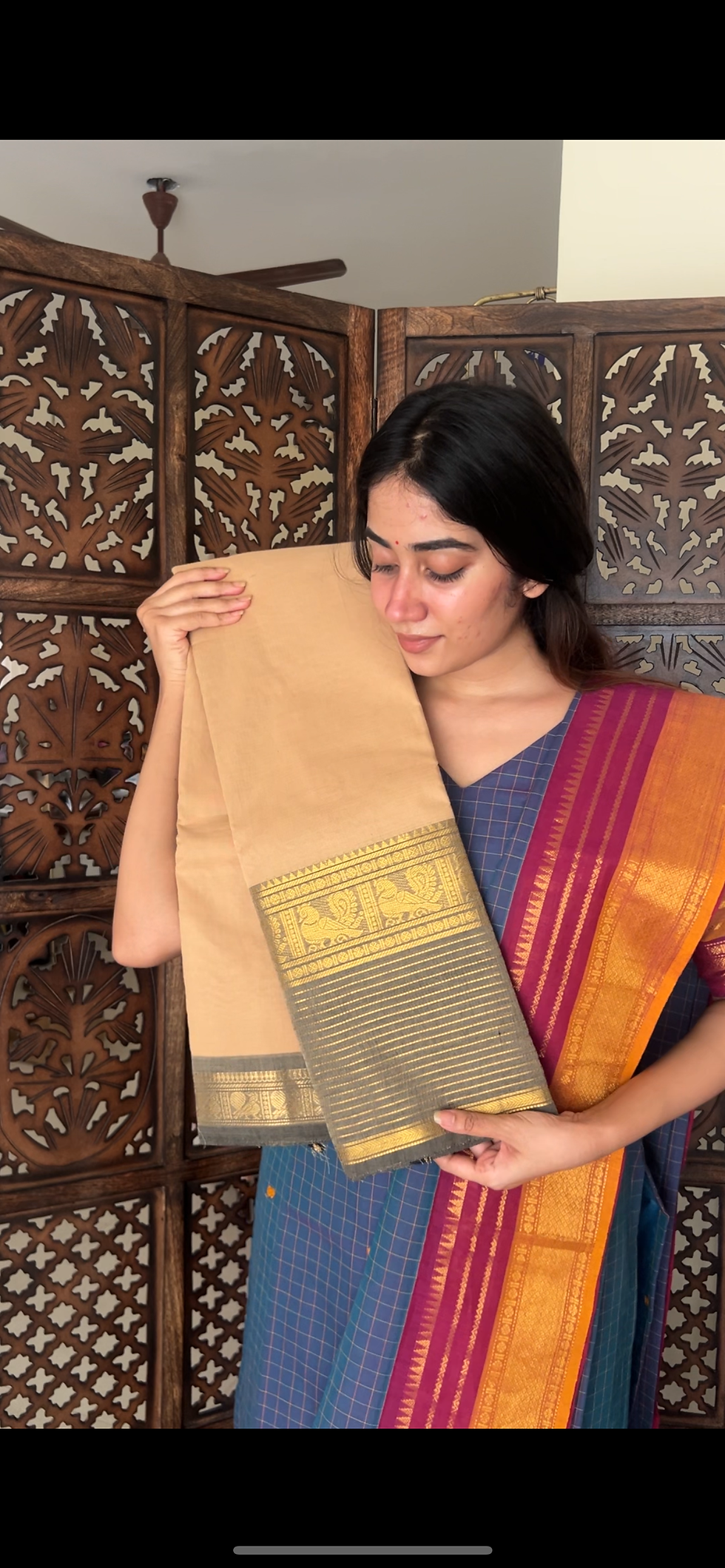 Thumbnail: Kanchi cotton saree - Sandal & grey 