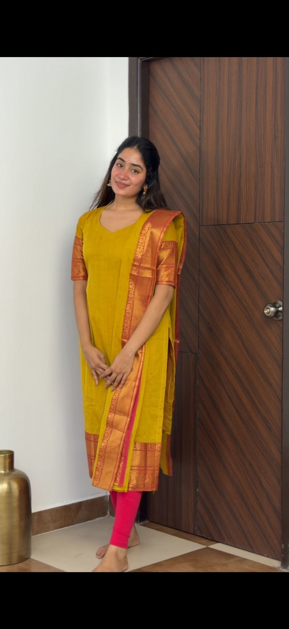 Thumbnail: Kanchi cotton kurti & dupatta - Yellow & pink 