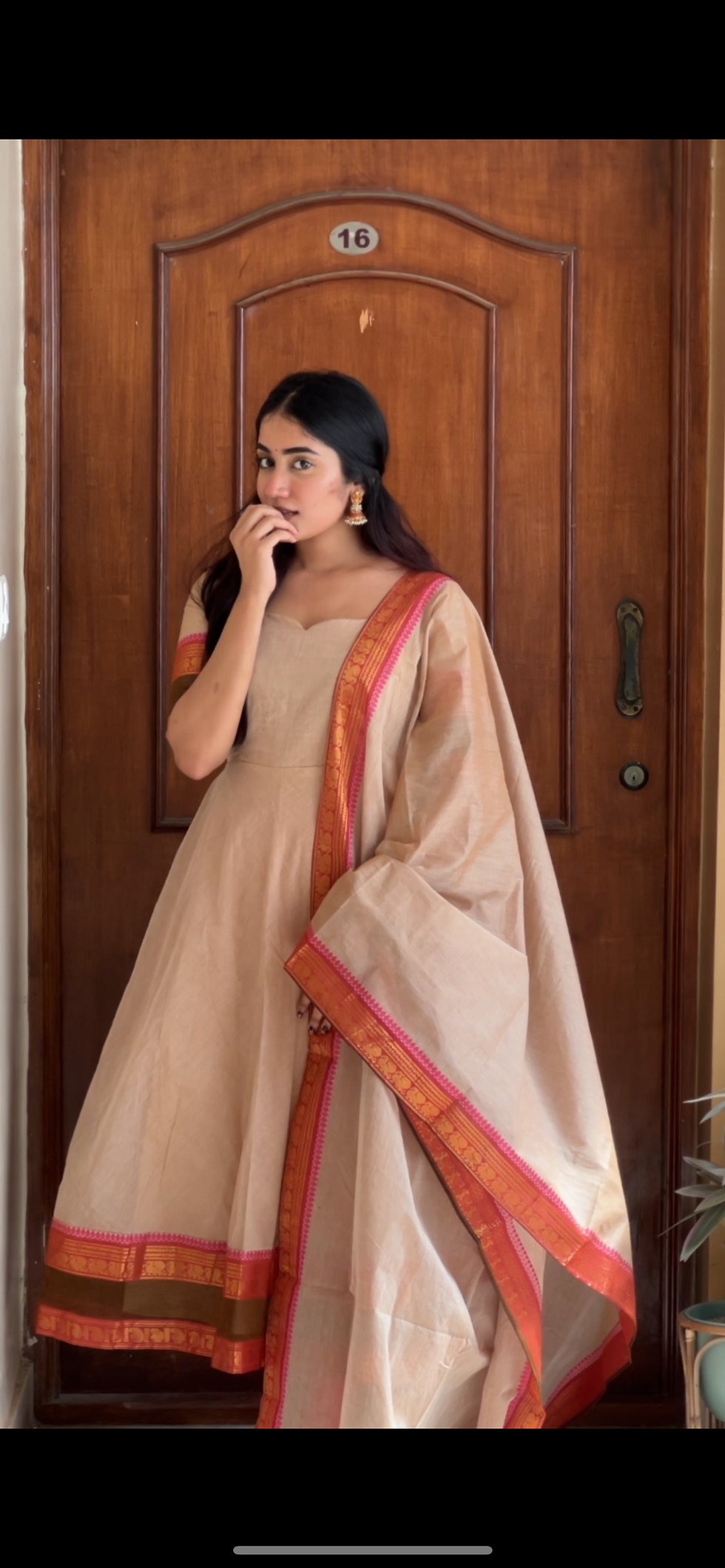 Thumbnail: Kanchi cotton Anarkali - offwhite & pink   