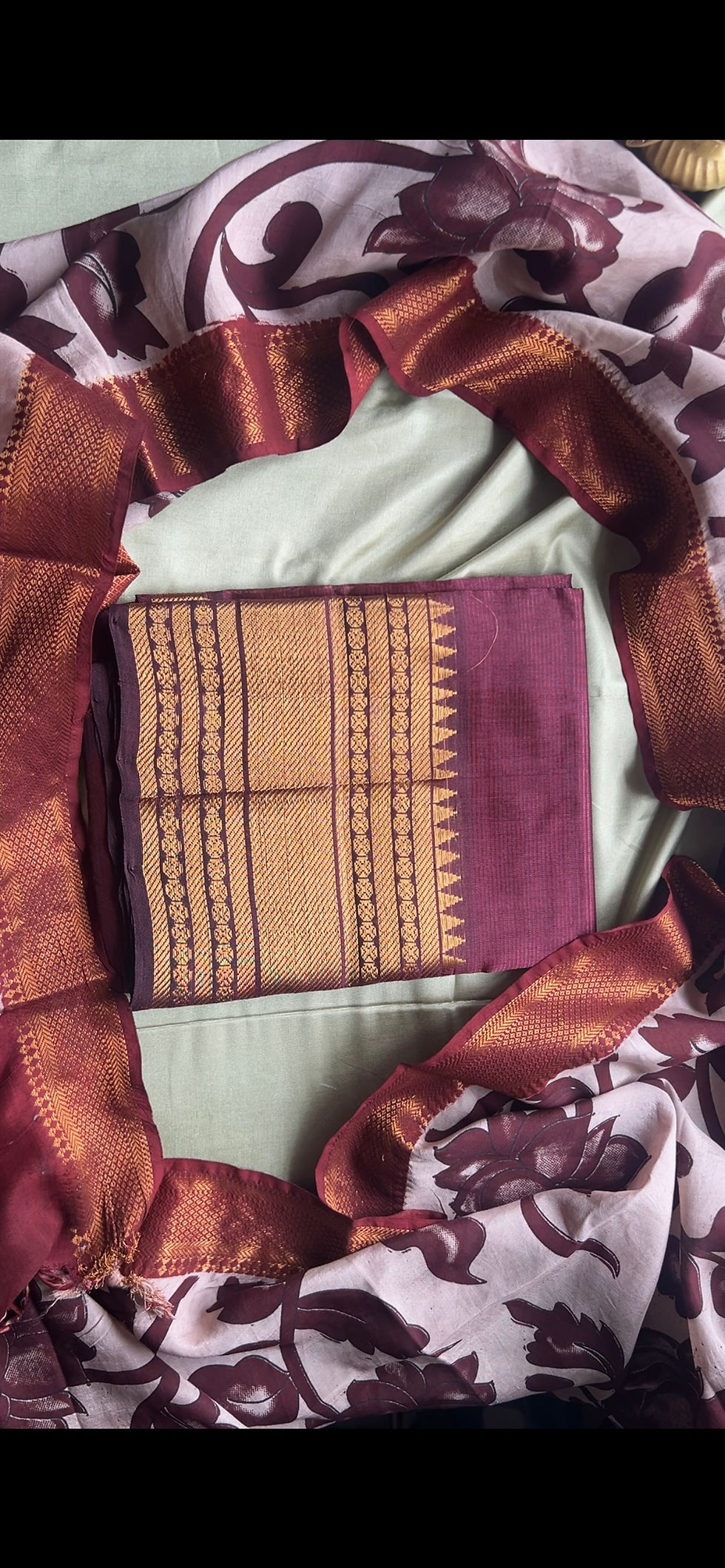 Thumbnail: Semi silk cotton kurti top & dupatta - coffee brown 