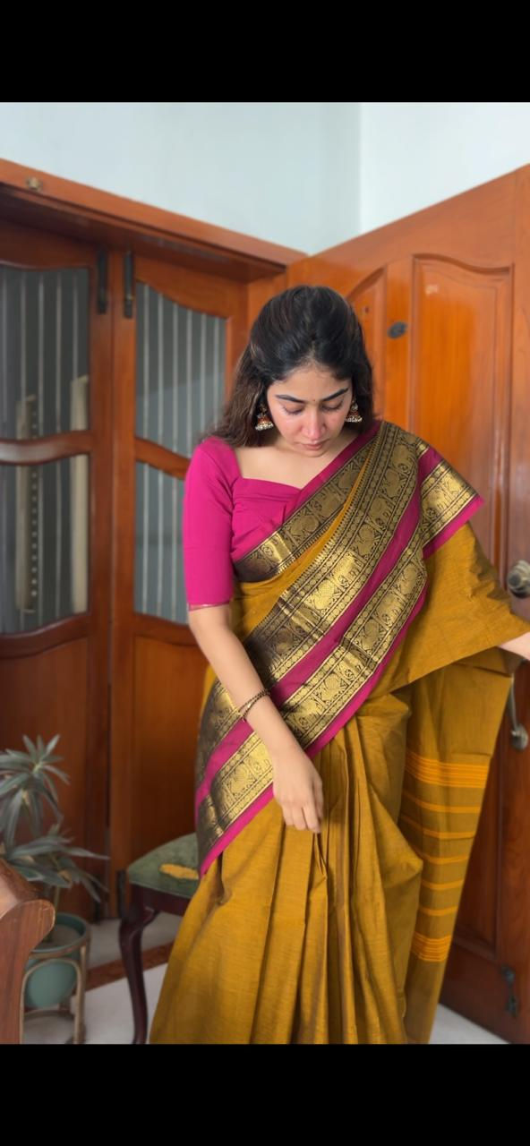 Thumbnail: Kanchi cotton saree - Mustard & pink 