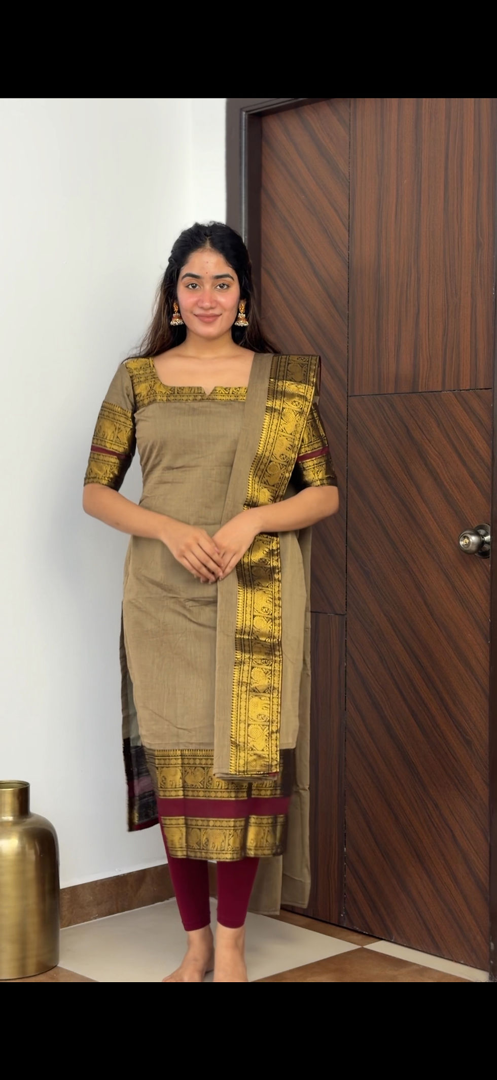 Thumbnail: Kanchi cotton kurti dupatta - Royal Grey and maroon 