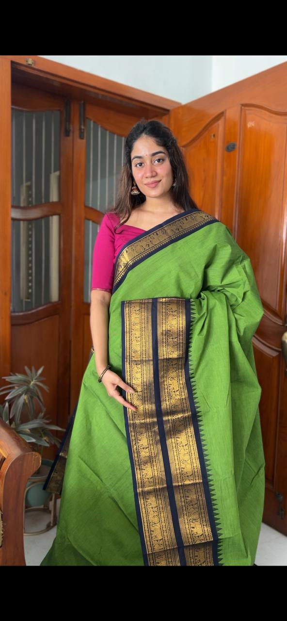 Thumbnail: Kanchi cotton saree - Leaf green & ink blue  