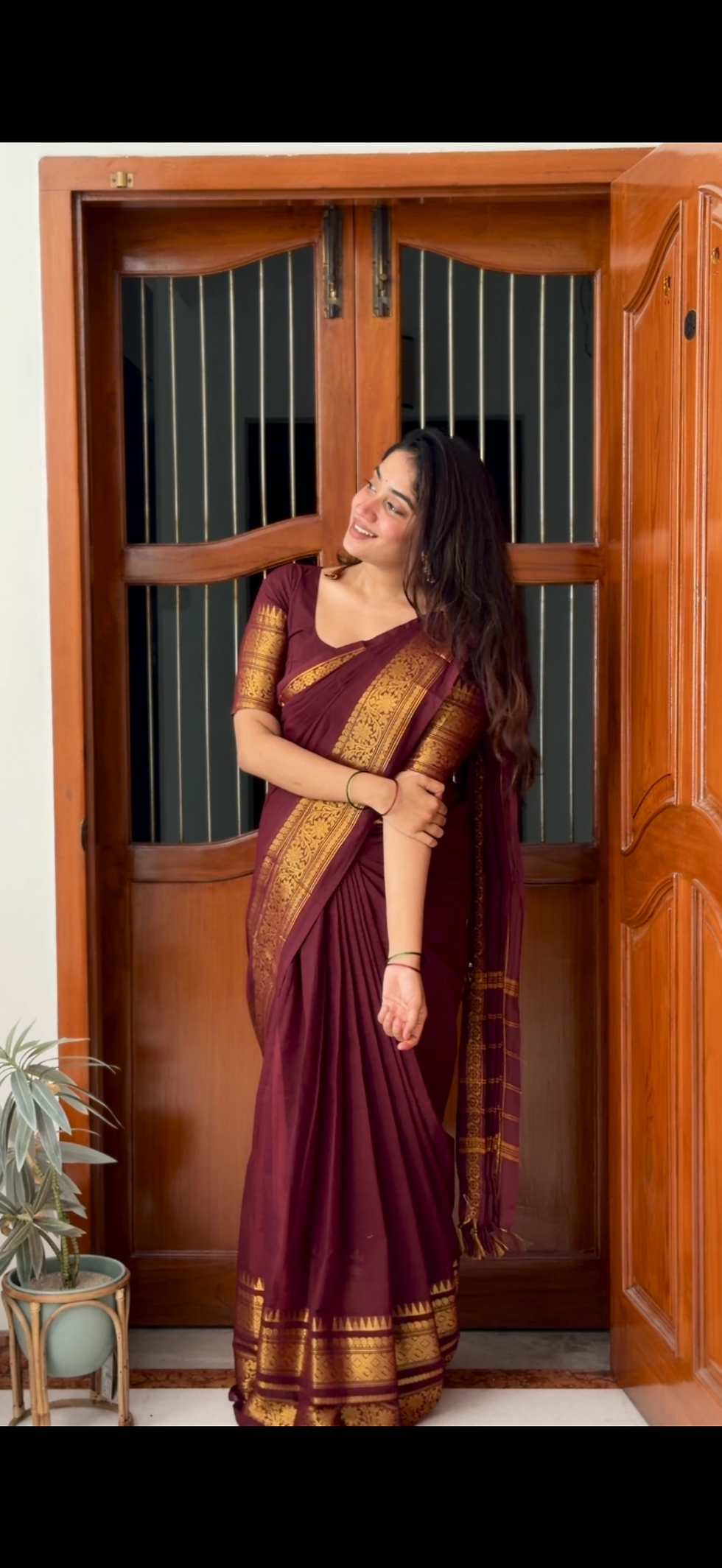 Thumbnail: Kanchi cotton saree - Arakku (Deep maroon & Brown )