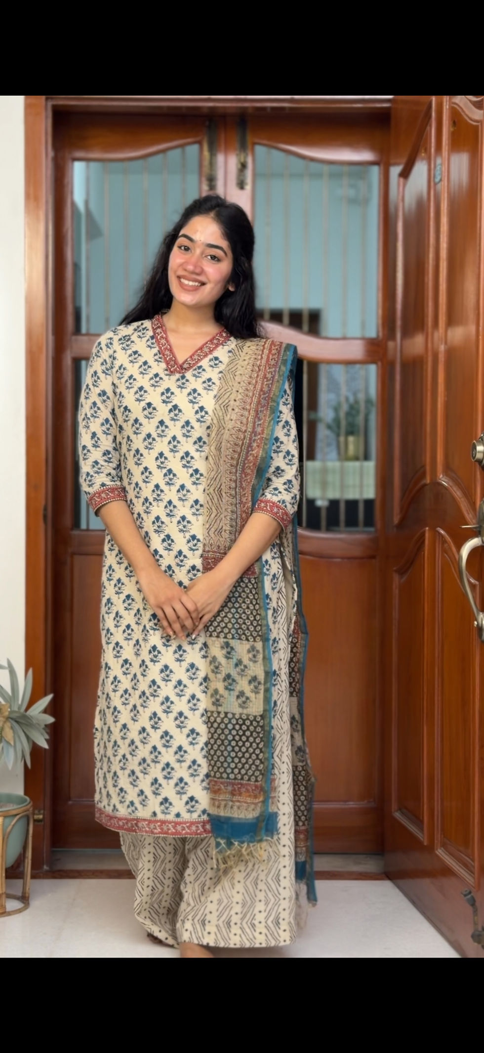 Thumbnail: Cotton salwar set - off-white beige & blue 