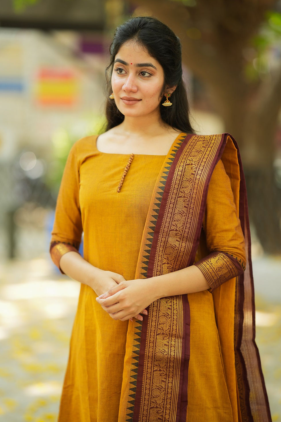 Thumbnail: Kanchi cotton A-line salwar set - Mustard & purple    