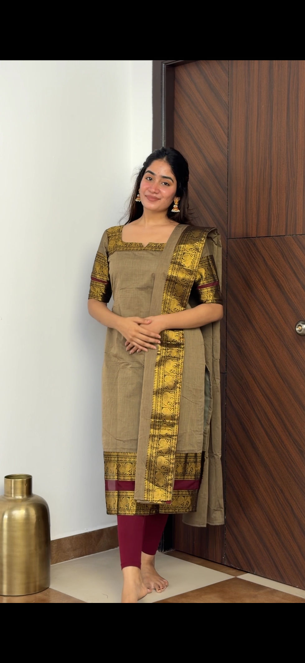 Thumbnail: Kanchi cotton kurti dupatta - Royal Grey and maroon 