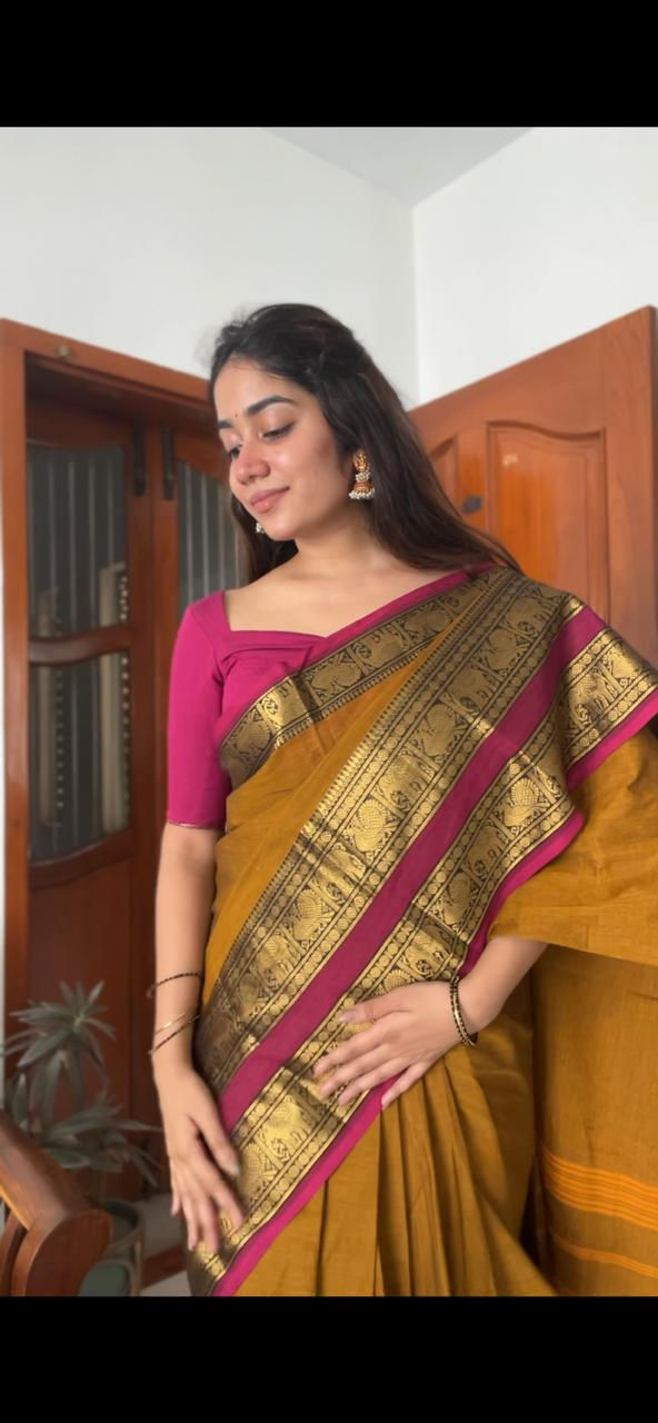 Thumbnail: Kanchi cotton saree - Mustard & pink 