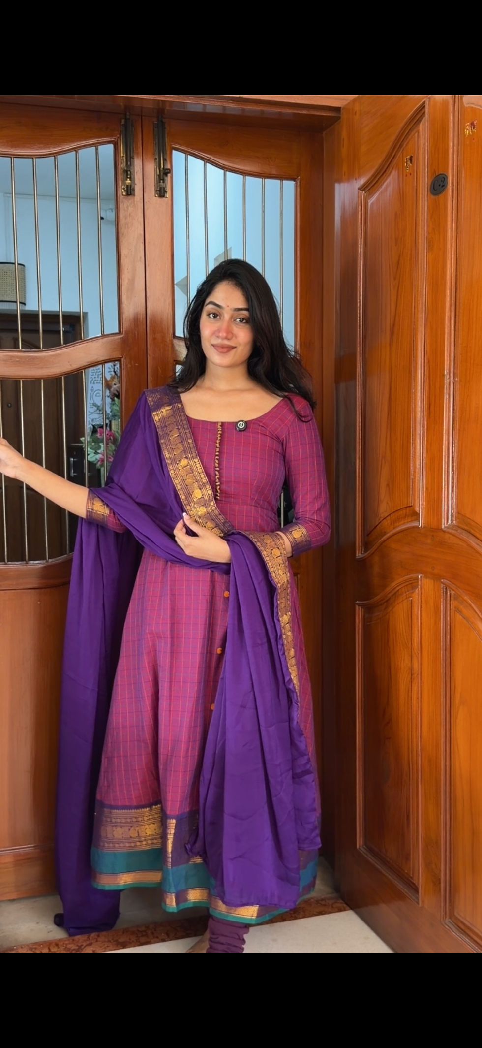 Thumbnail: Kanchi cotton Anarkali - Purple kattam Purple dupatta 