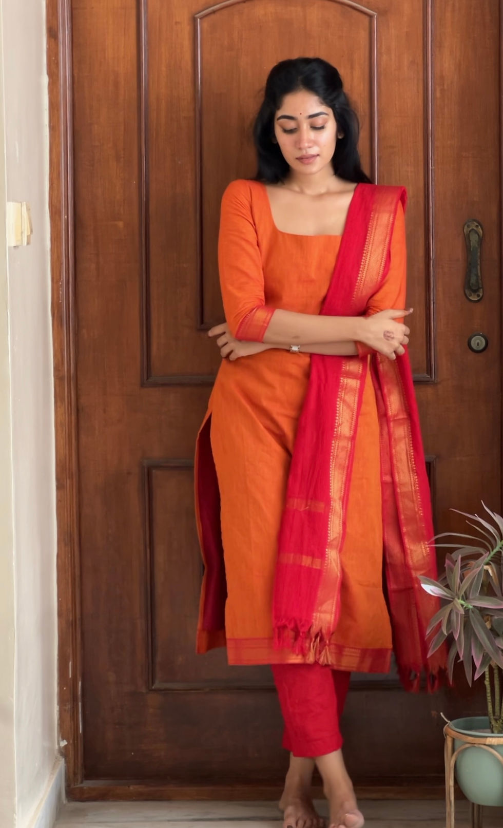 Thumbnail: Saffron Orange Mangalagiri Salwar Suit