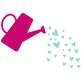 Magenta watering can tipped with heart-shaped water drops spraying out.