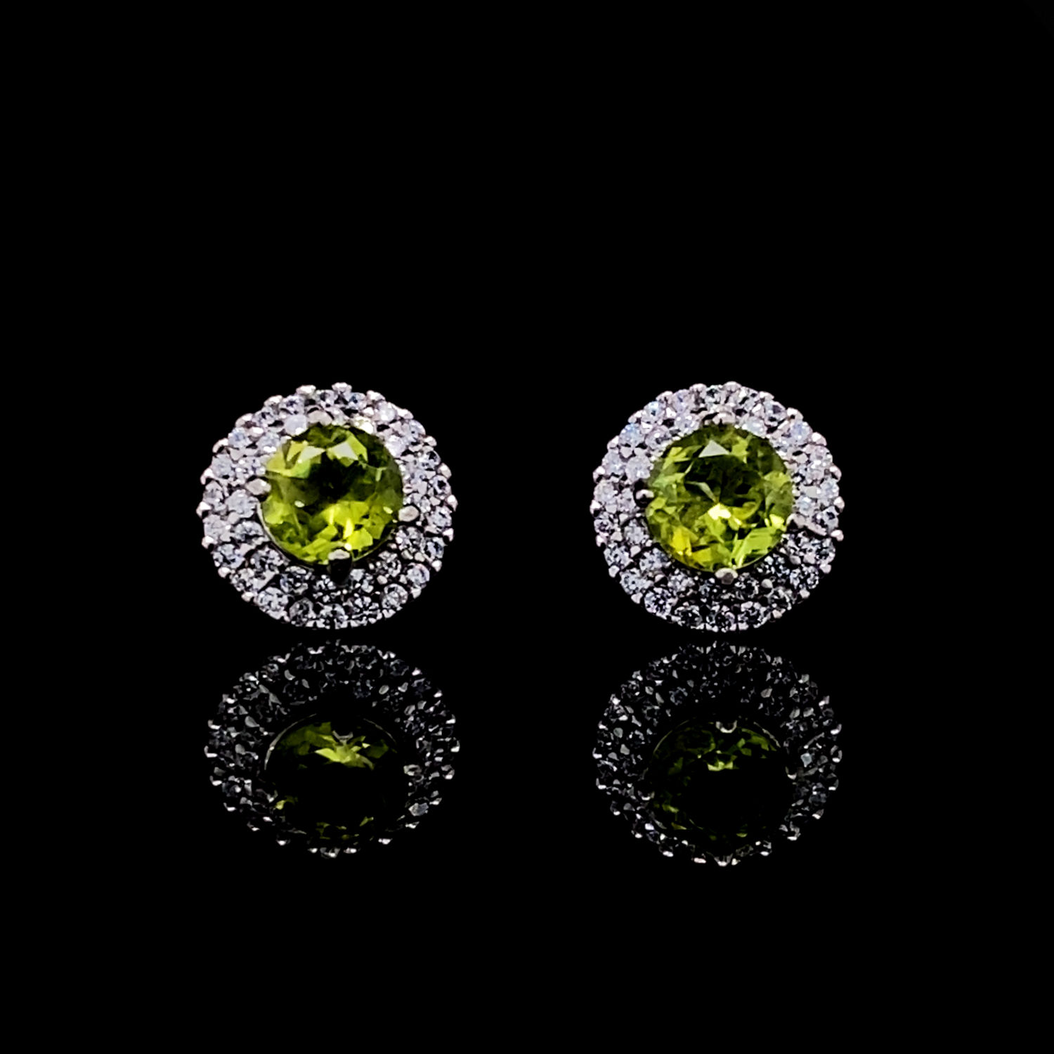 Round Cut Peridot and Cubic Zirconia Double Halo Stud Earrings in White Gold