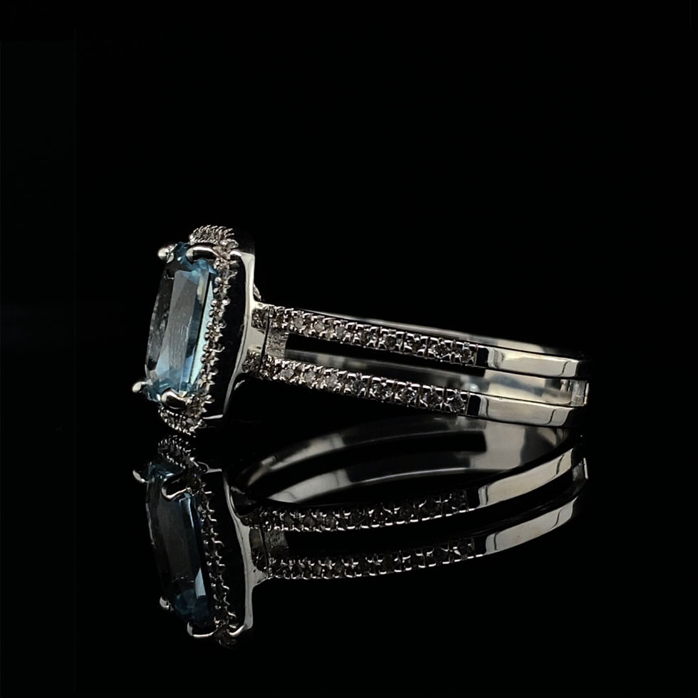 Emerald Cut Aquamarine and Cubic Zirconia Halo Double Shank Engagement Ring in White Gold