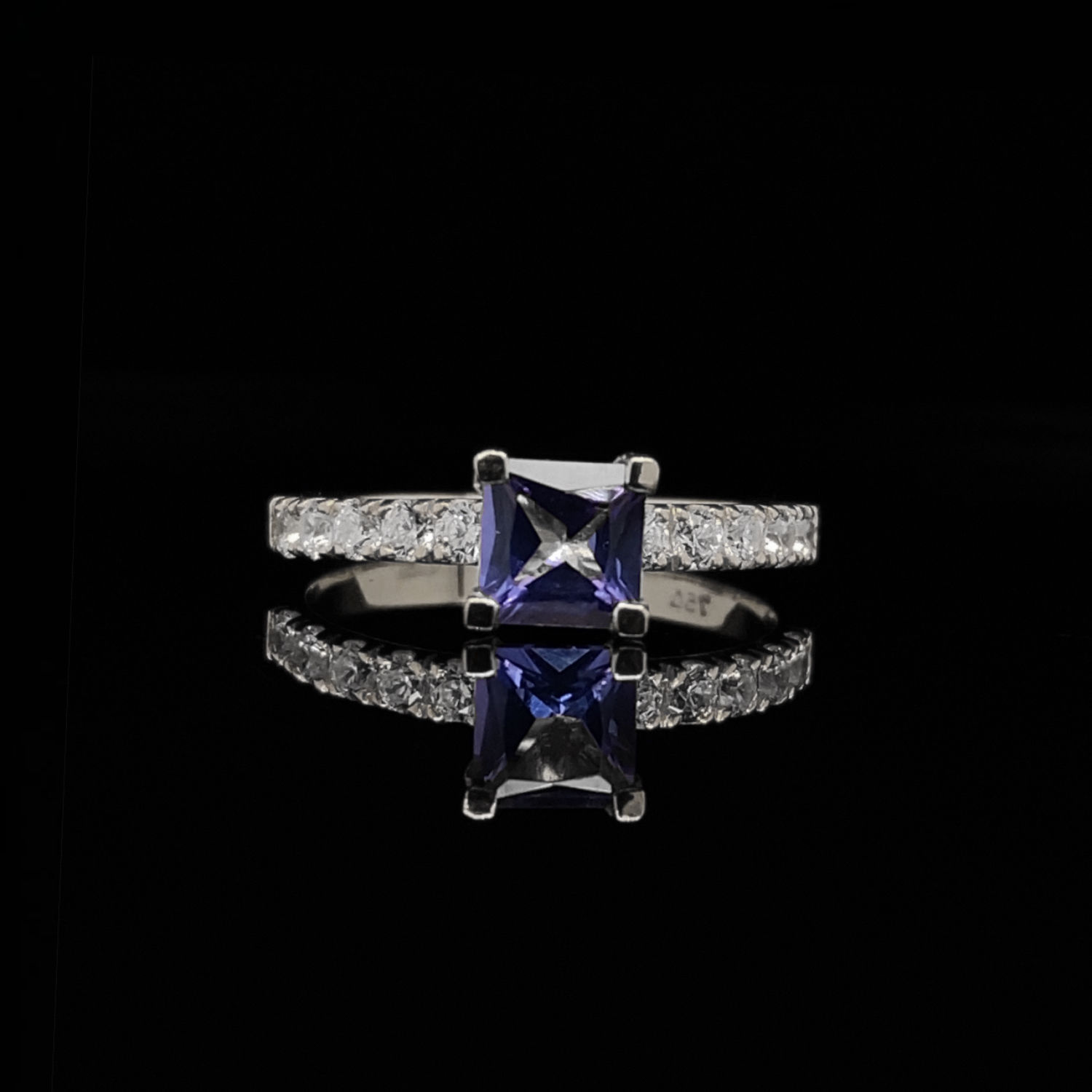 Princess Cut Tanzanite and Diamond Solitaire Engagement Ring in White Gold